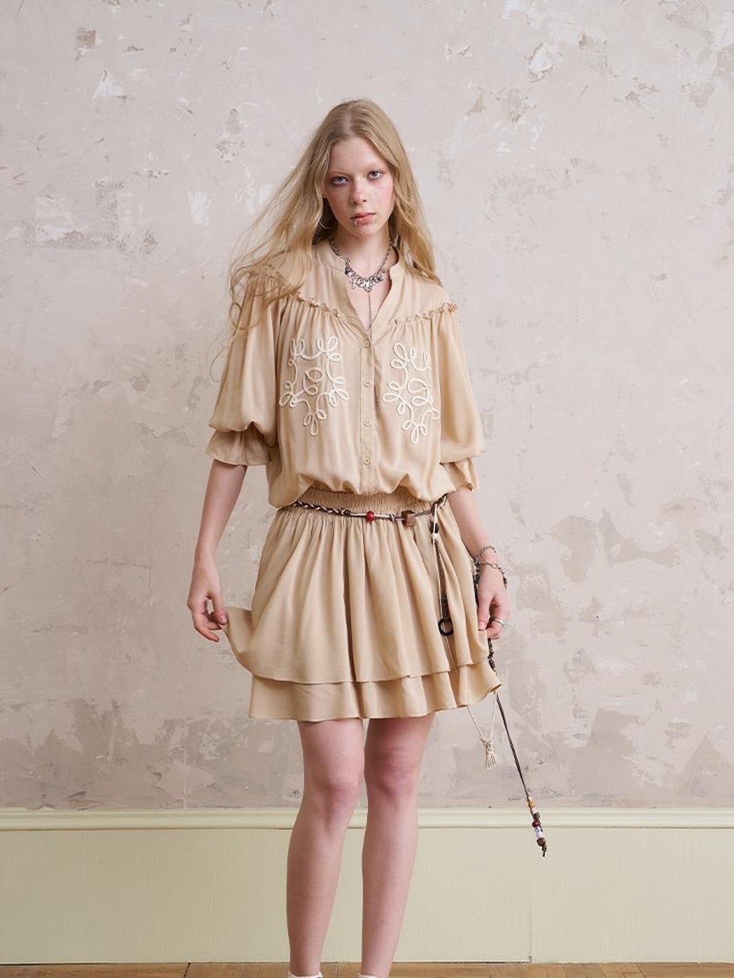 DIDDI MODA Bohemian Print Drawstring Dress Lace Trim Pants Set