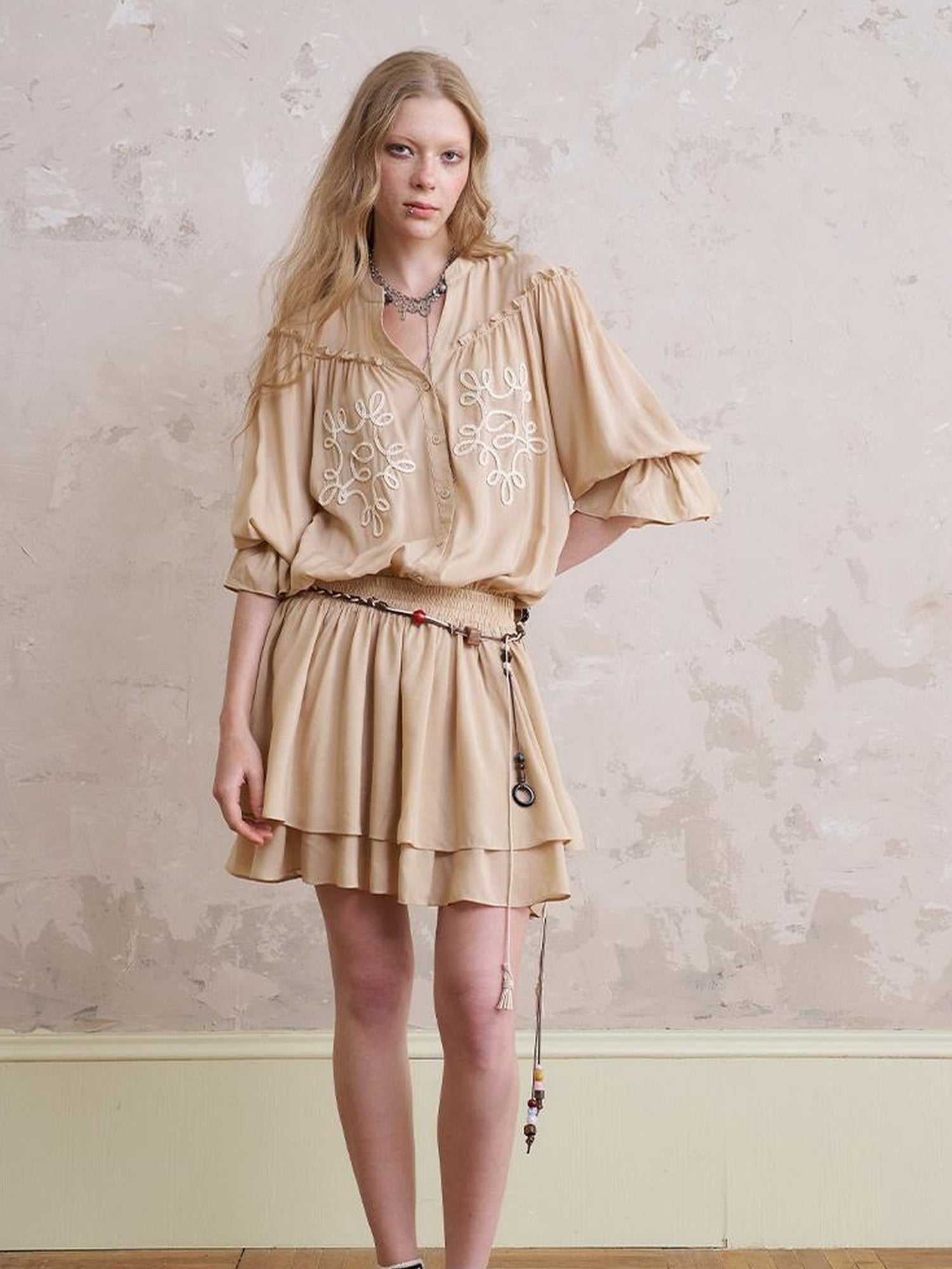 DIDDI MODA Bohemian Print Drawstring Dress Lace Trim Pants Set