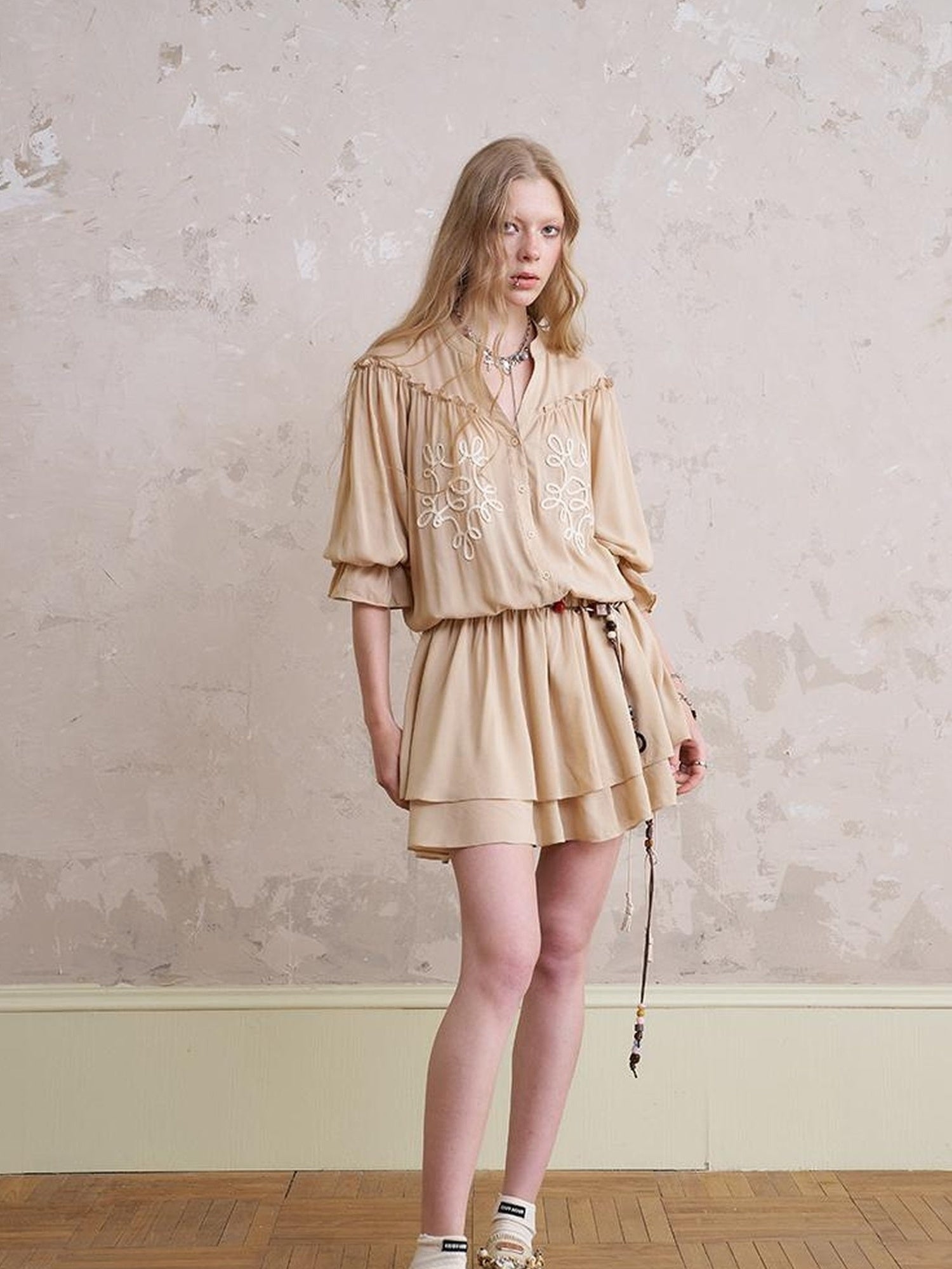 DIDDI MODA Bohemian Print Drawstring Dress Lace Trim Pants Set