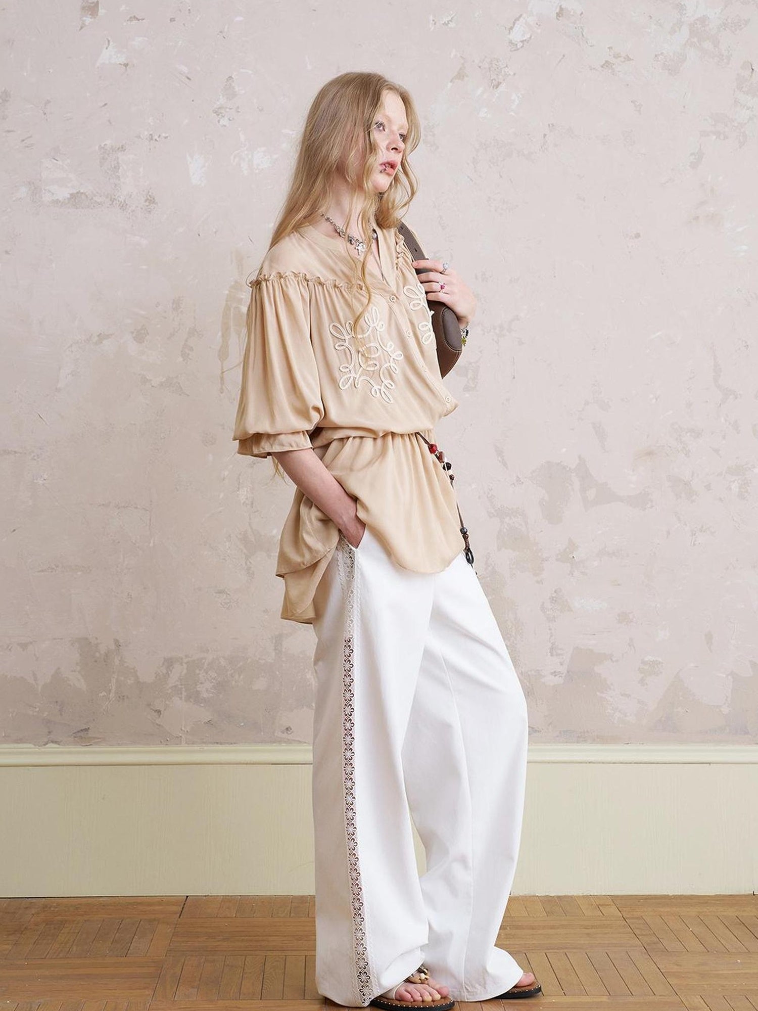 DIDDI MODA Bohemian Print Drawstring Dress Lace Trim Pants Set