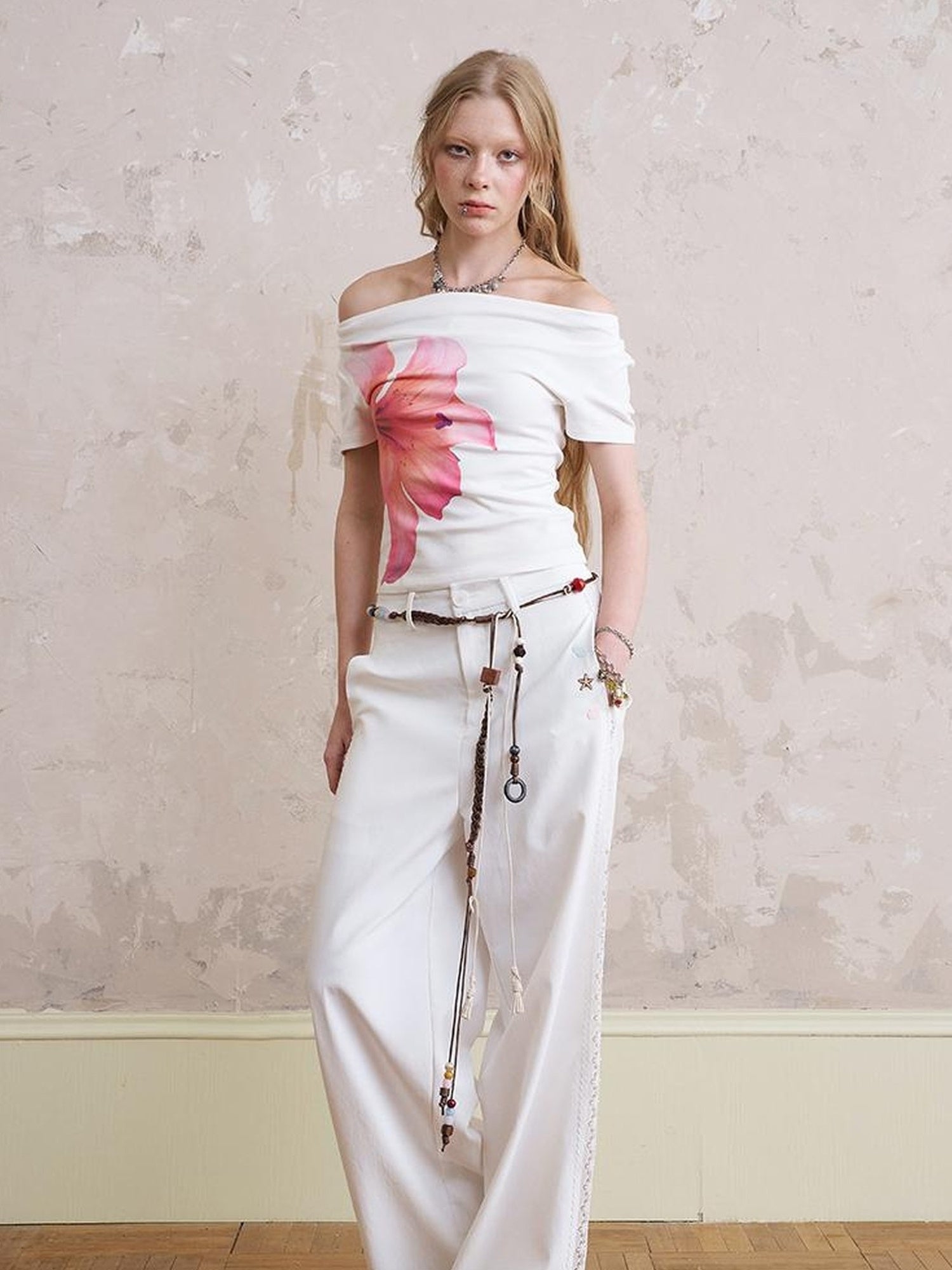 DIDDI MODA Bohemian Print Drawstring Dress Lace Trim Pants Set