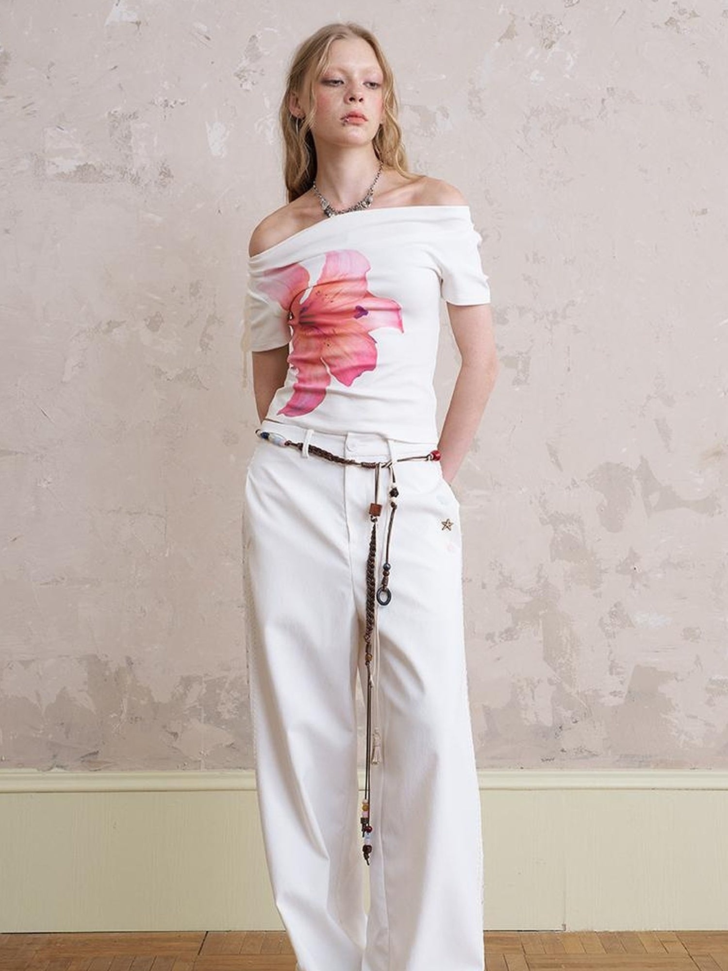 DIDDI MODA Bohemian Print Drawstring Dress Lace Trim Pants Set