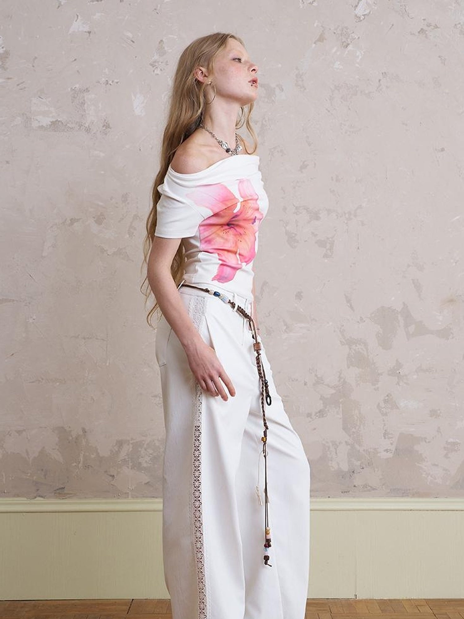 DIDDI MODA Bohemian Print Drawstring Dress Lace Trim Pants Set