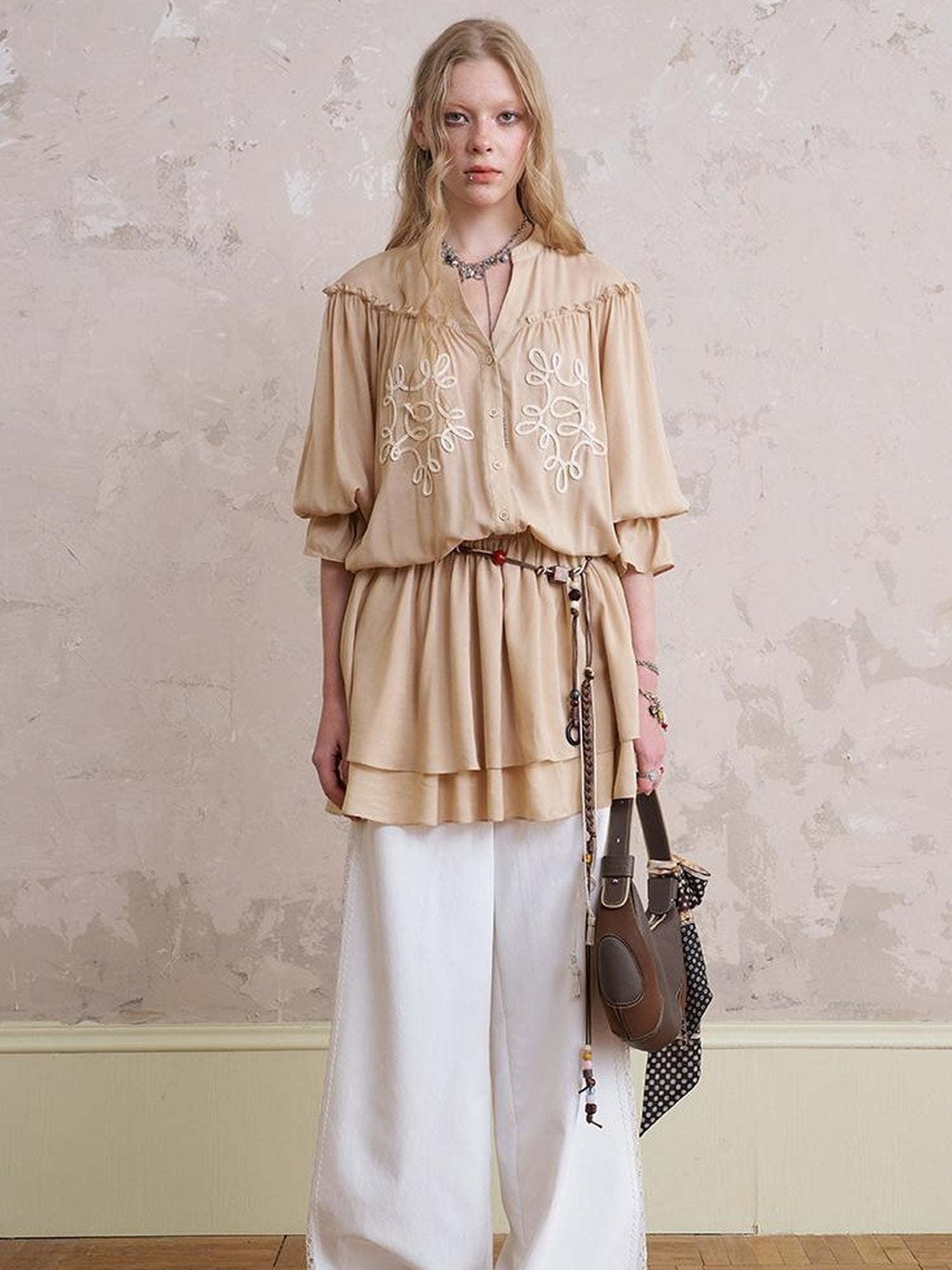 DIDDI MODA Bohemian Print Drawstring Dress Lace Trim Pants Set