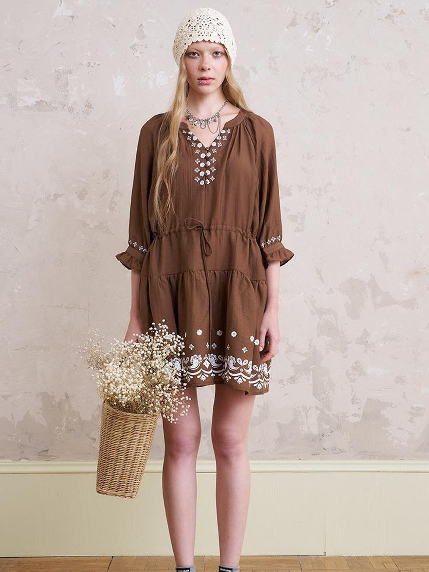 DIDDI MODA Bohemian Print Drawstring Dress Lace Trim Pants Set