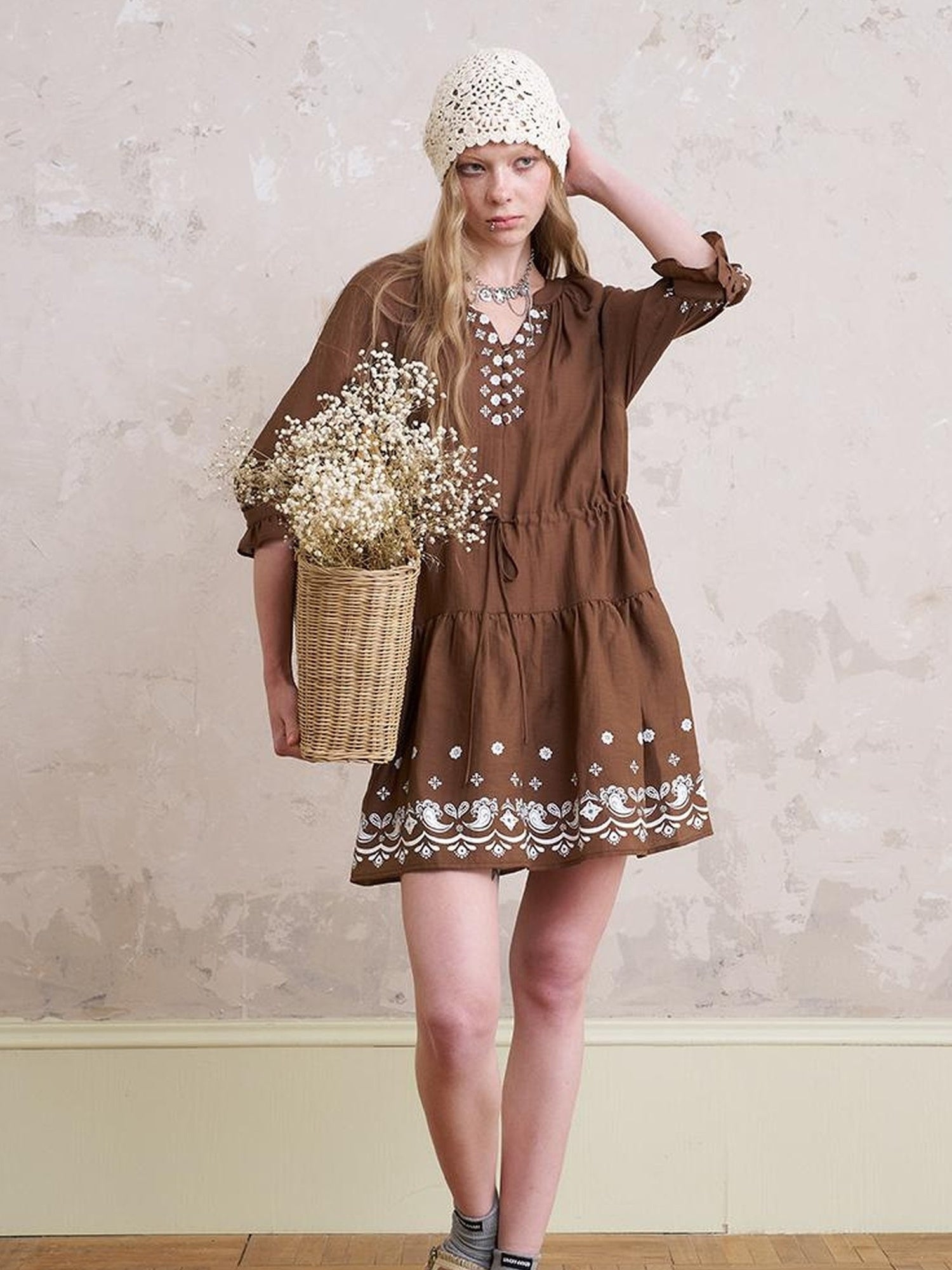 DIDDI MODA Bohemian Print Drawstring Dress Lace Trim Pants Set