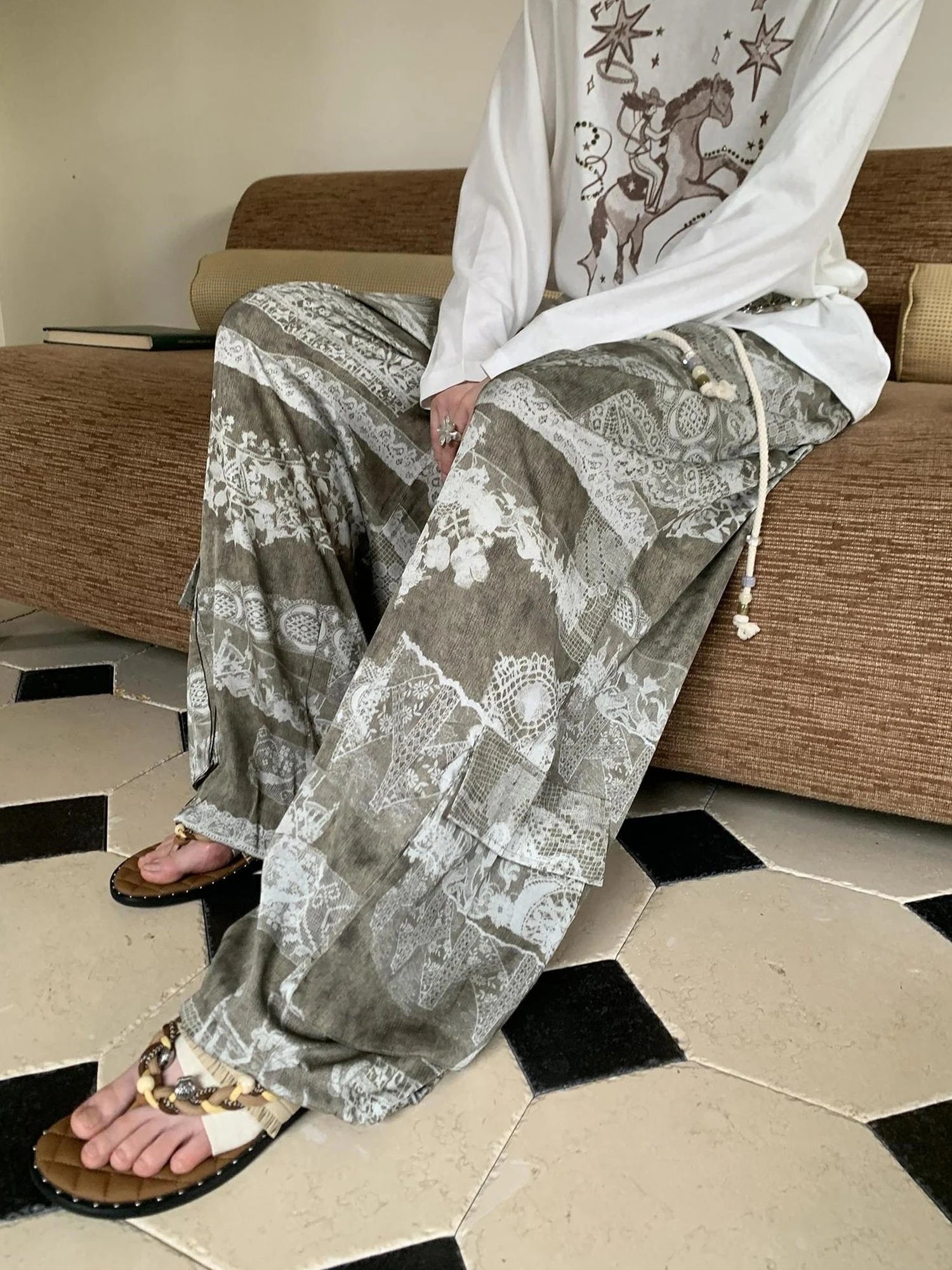 Bohemian Print Drawstring Wide Leg Pants