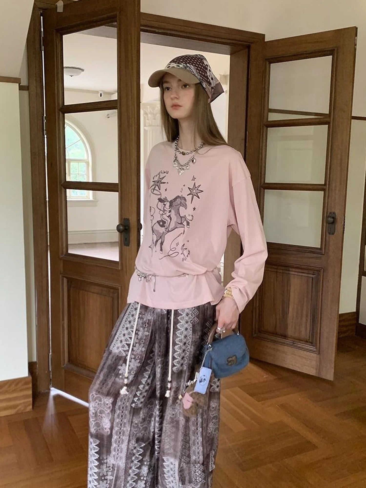 Bohemian Print Drawstring Wide Leg Pants