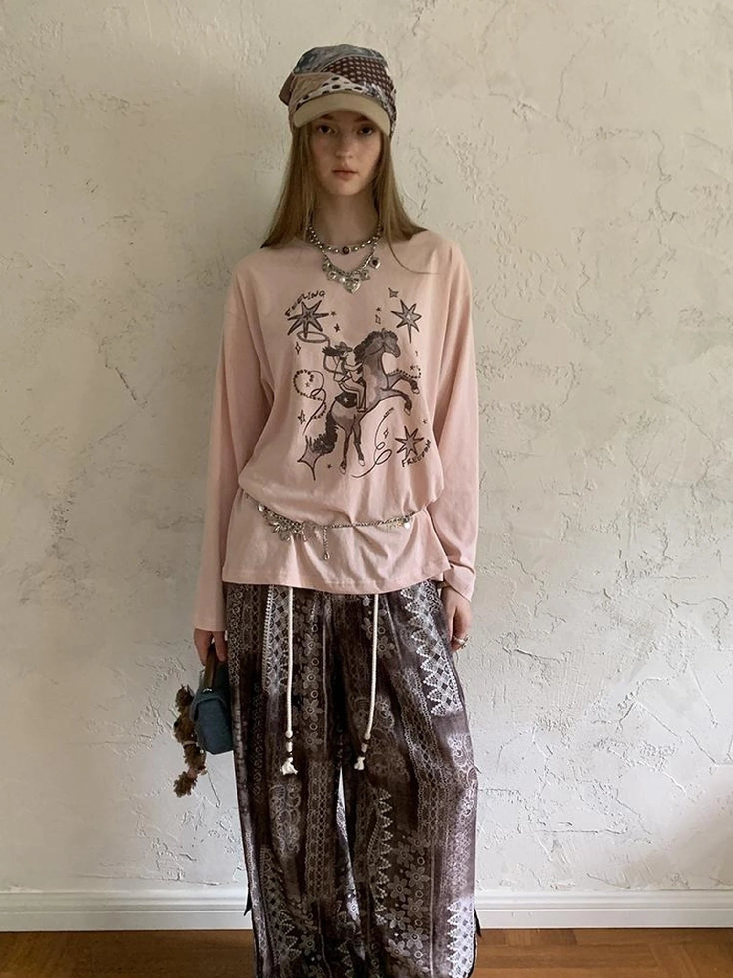 Bohemian Print Drawstring Wide Leg Pants