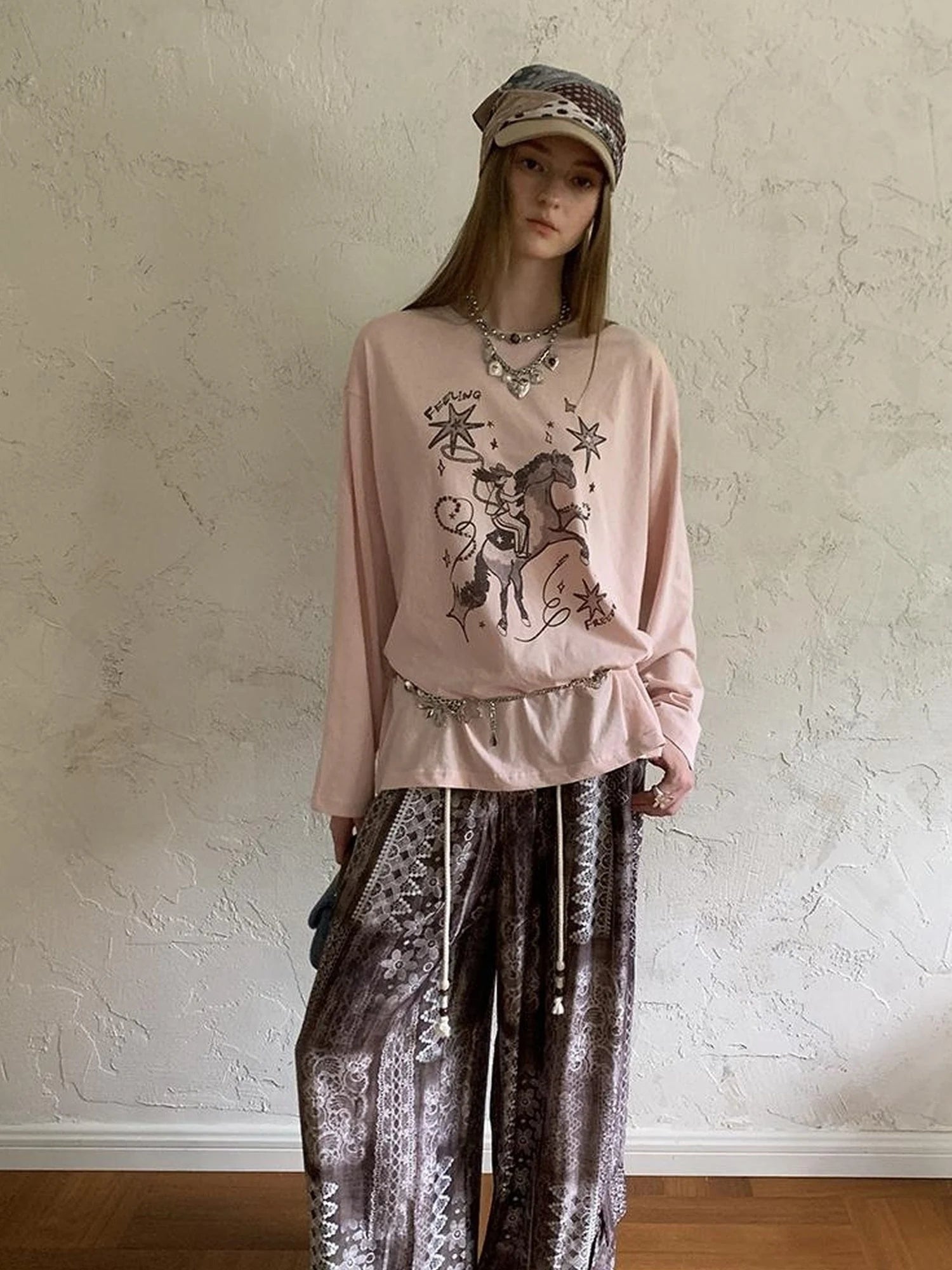 Bohemian Print Drawstring Wide Leg Pants