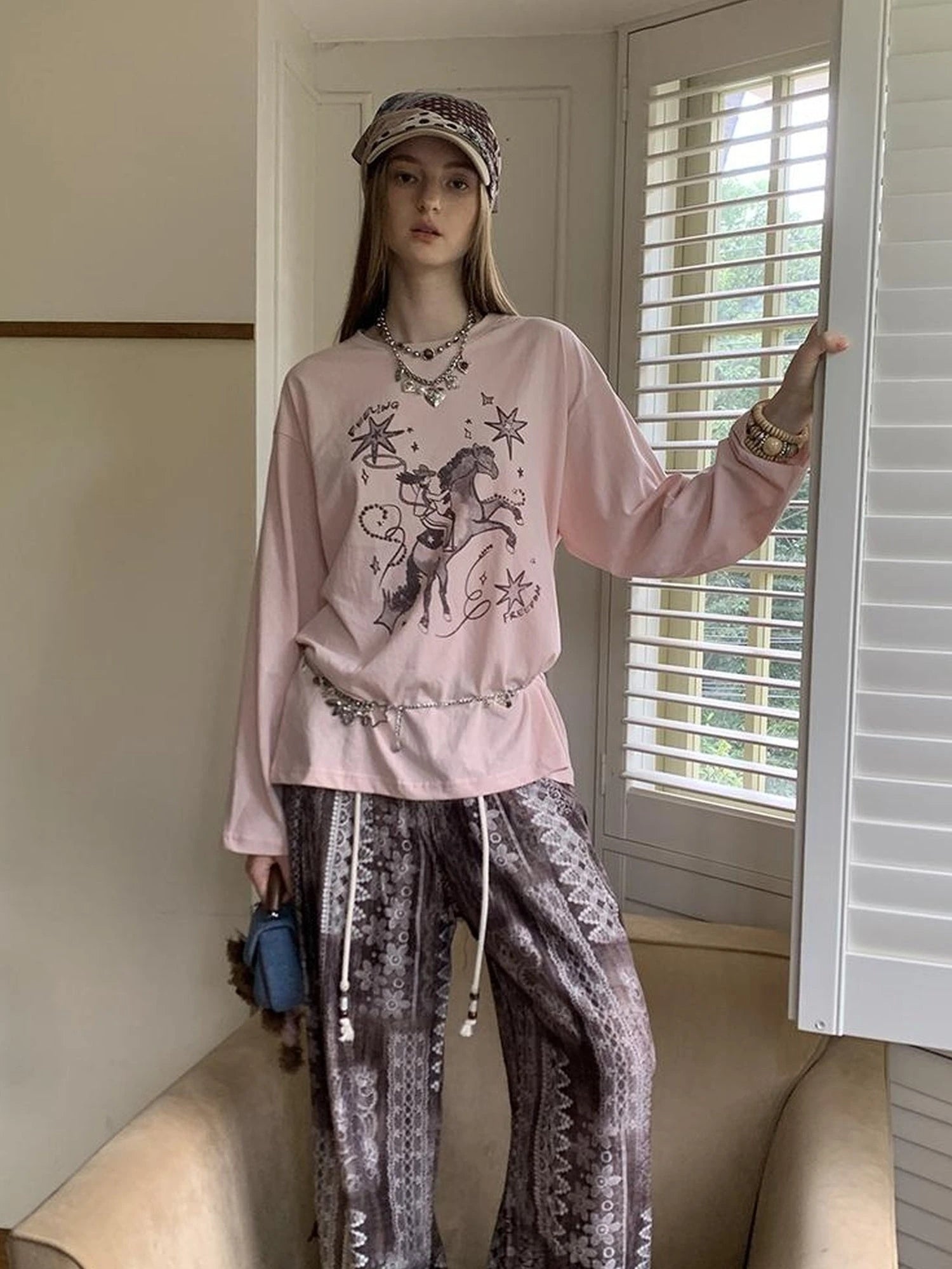 Bohemian Print Drawstring Wide Leg Pants