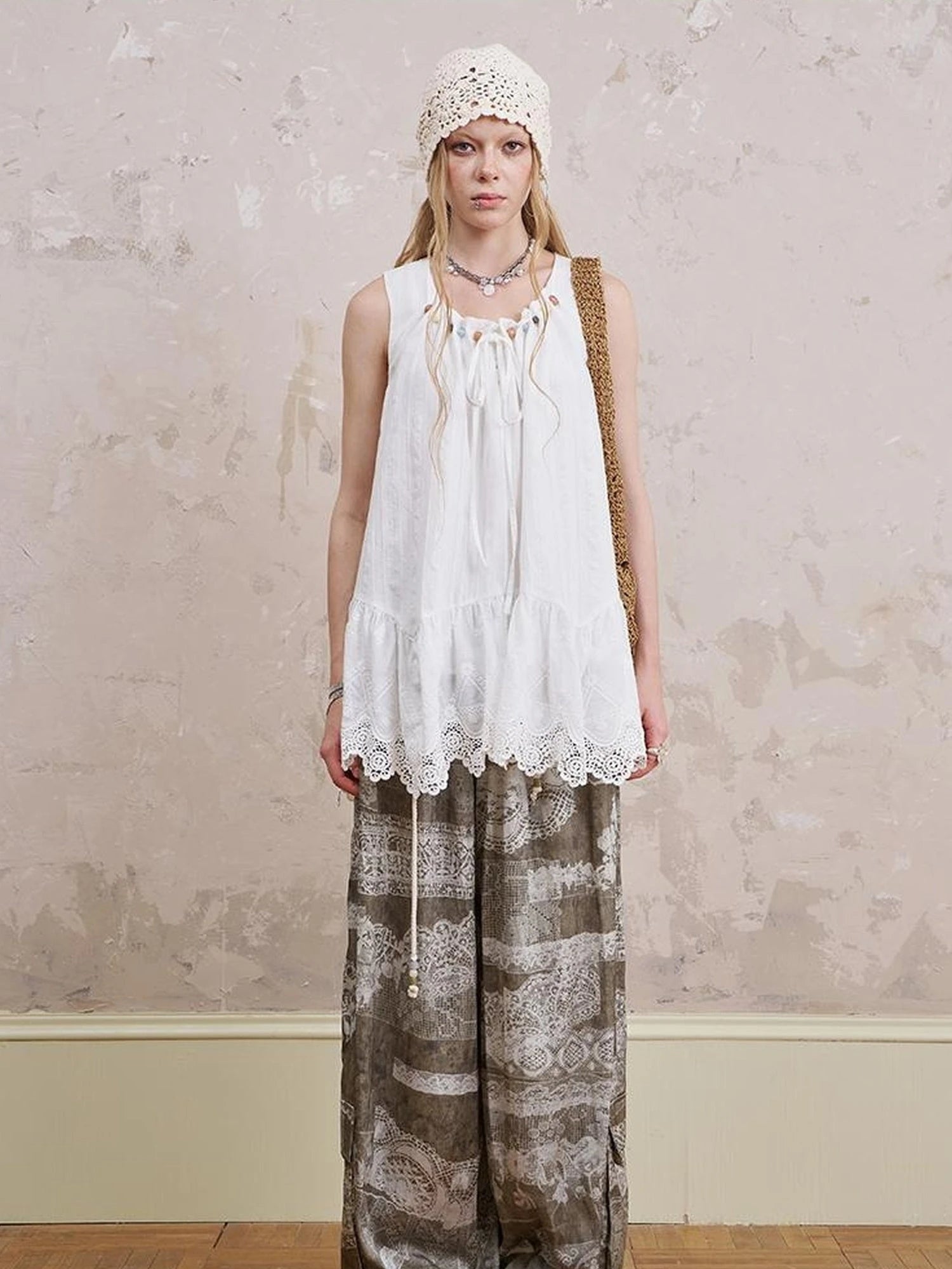 Bohemian Print Drawstring Wide Leg Pants