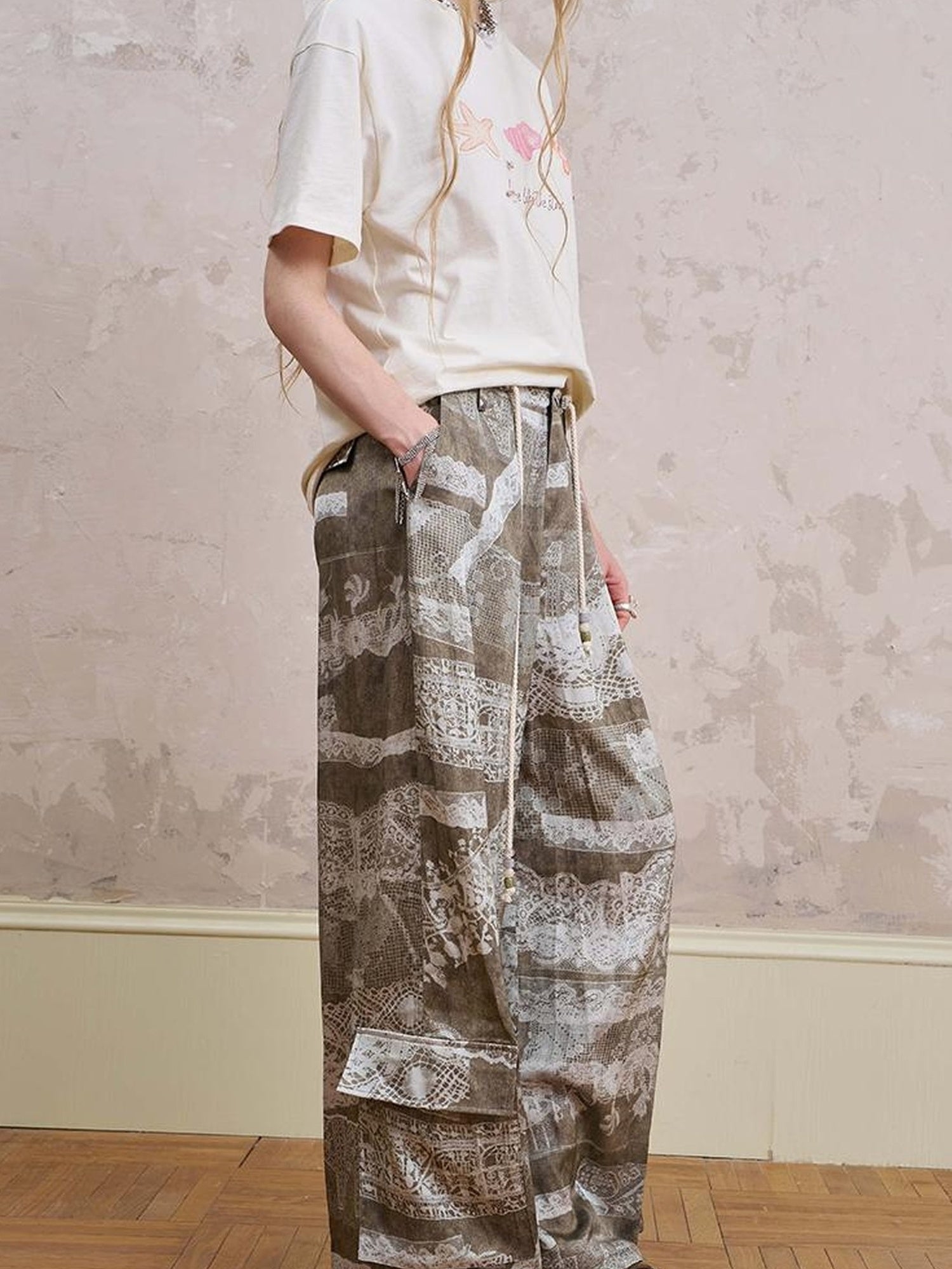 DIDDI MODA Bohemian Print Drawstring Wide Leg Pants