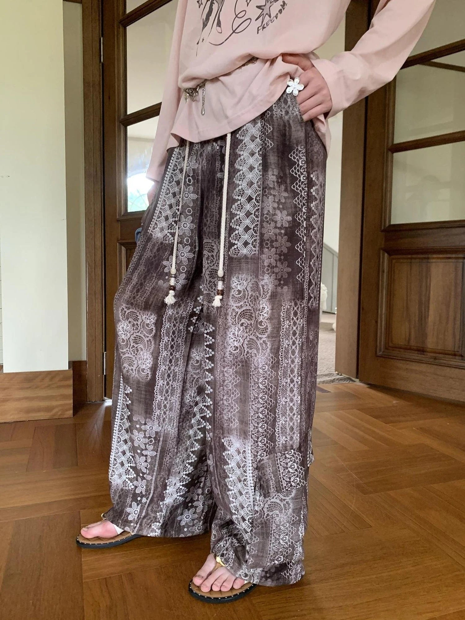 Bohemian Print Drawstring Wide Leg Pants