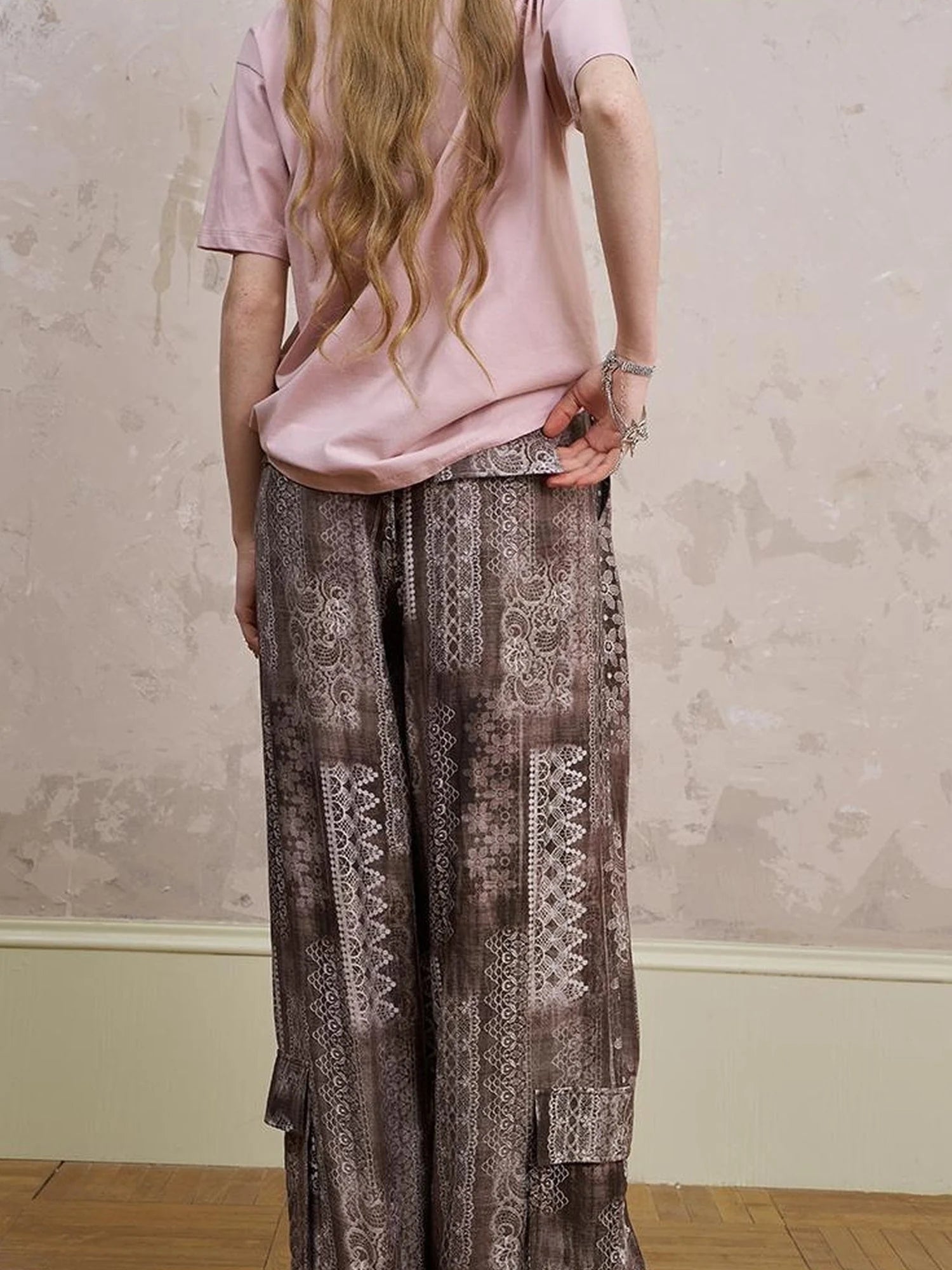 Bohemian Print Drawstring Wide Leg Pants