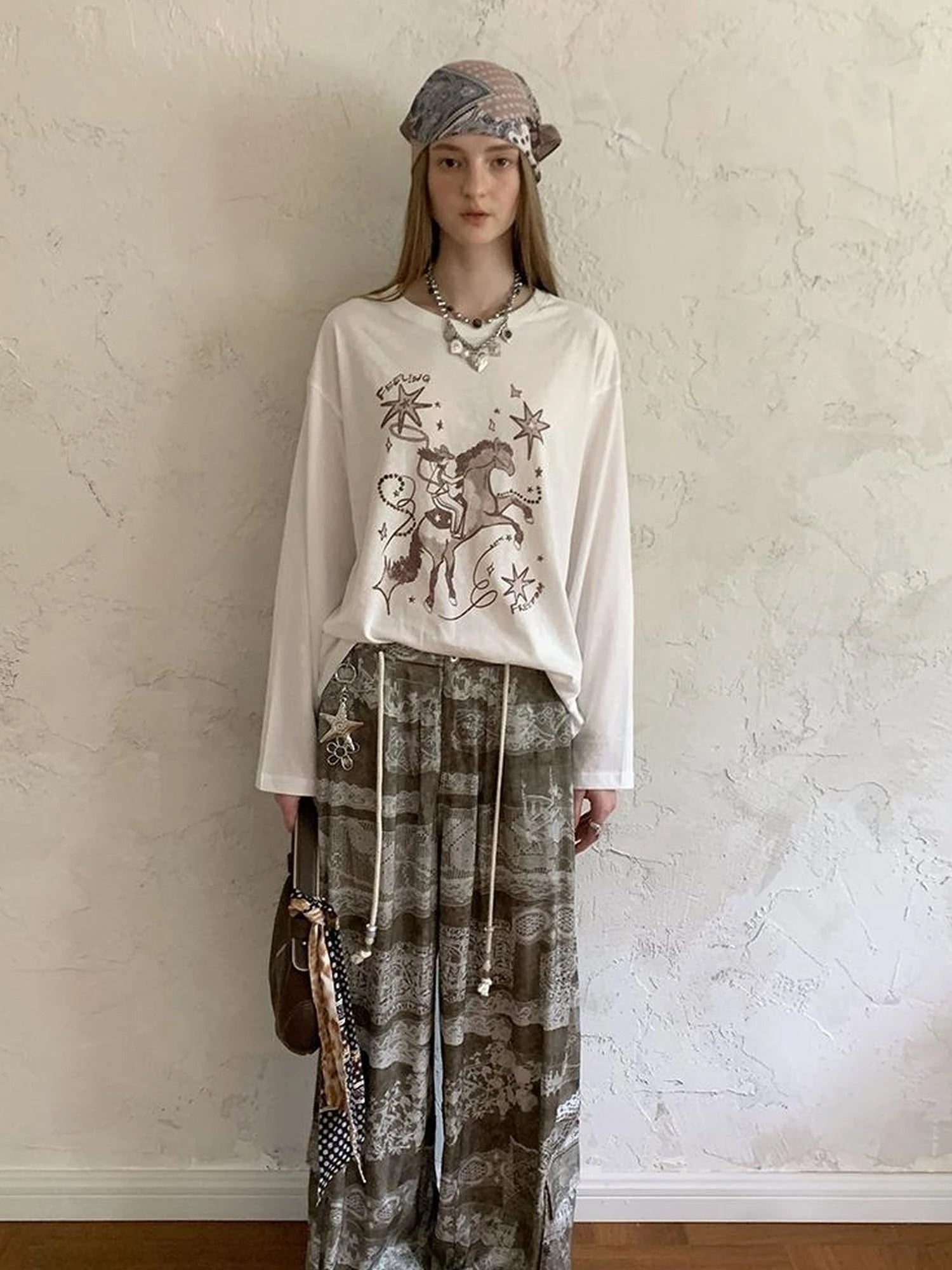 Bohemian Print Drawstring Wide Leg Pants