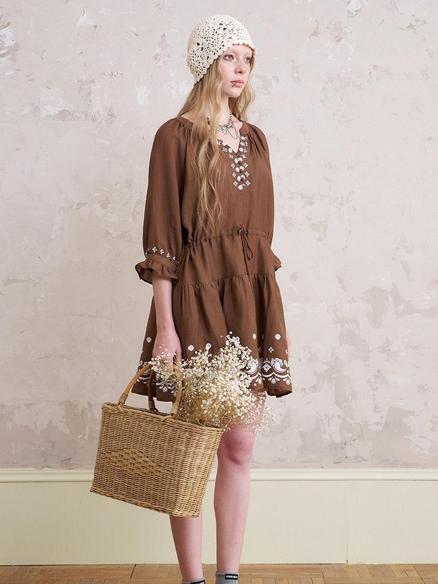 DIDDI MODA Bohemian V Neck Floral Print Drawstring Summer Dress