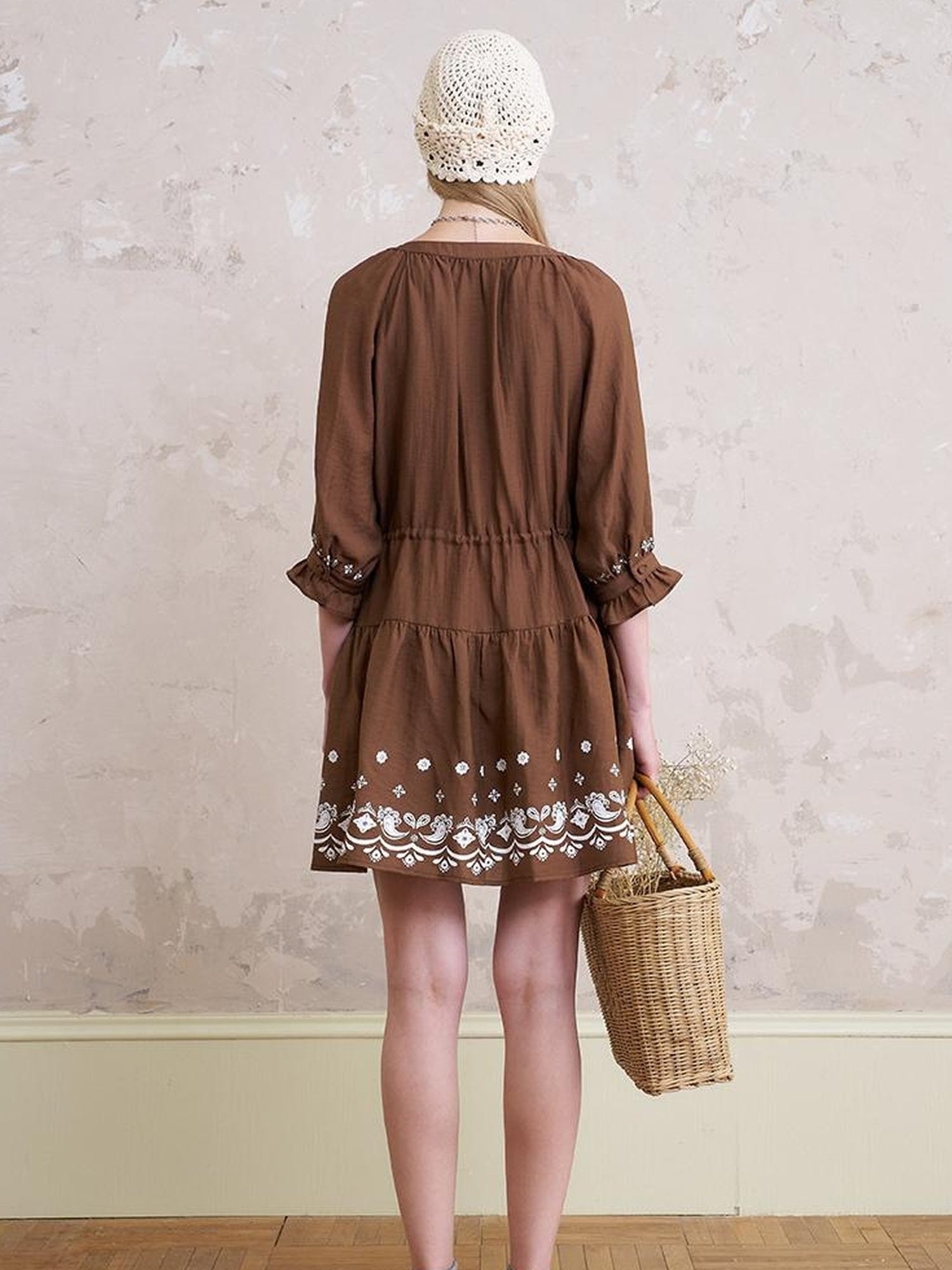 DIDDI MODA Bohemian V Neck Floral Print Drawstring Summer Dress