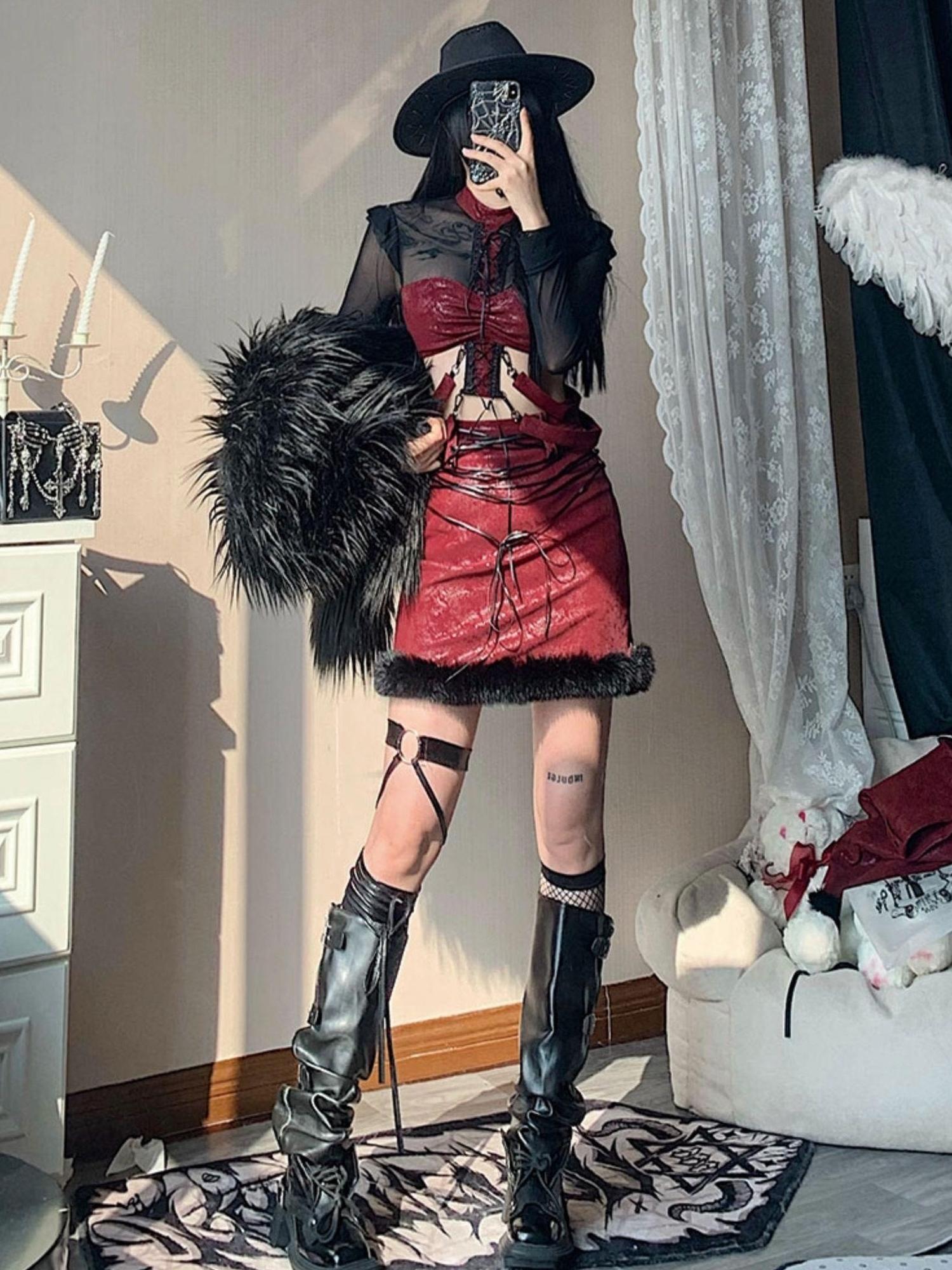 WSW WUSHENWU Bone Mist Red Black Net Y2K Edge Niche Top