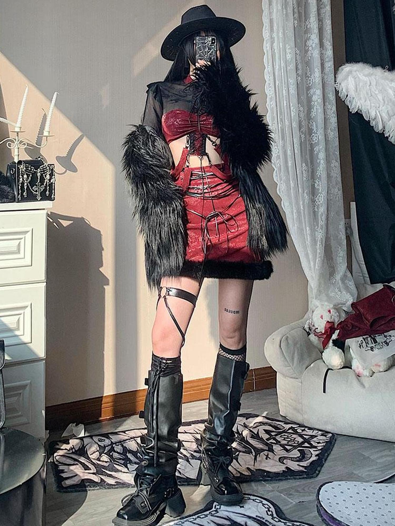 WSW WUSHENWU Bone Mist Red Black Net Y2K Edge Niche Top