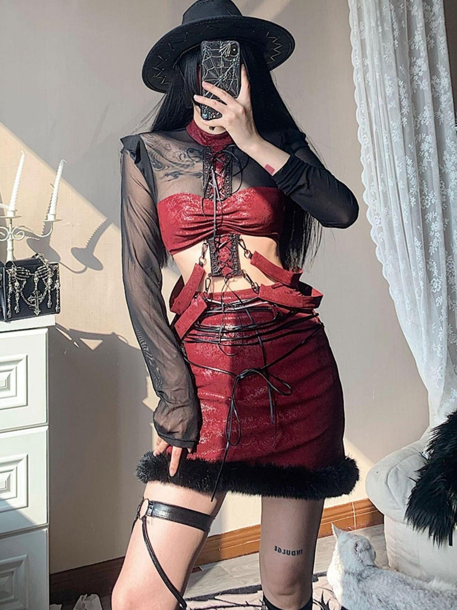 WSW WUSHENWU Bone Mist Red Black Net Y2K Edge Niche Top