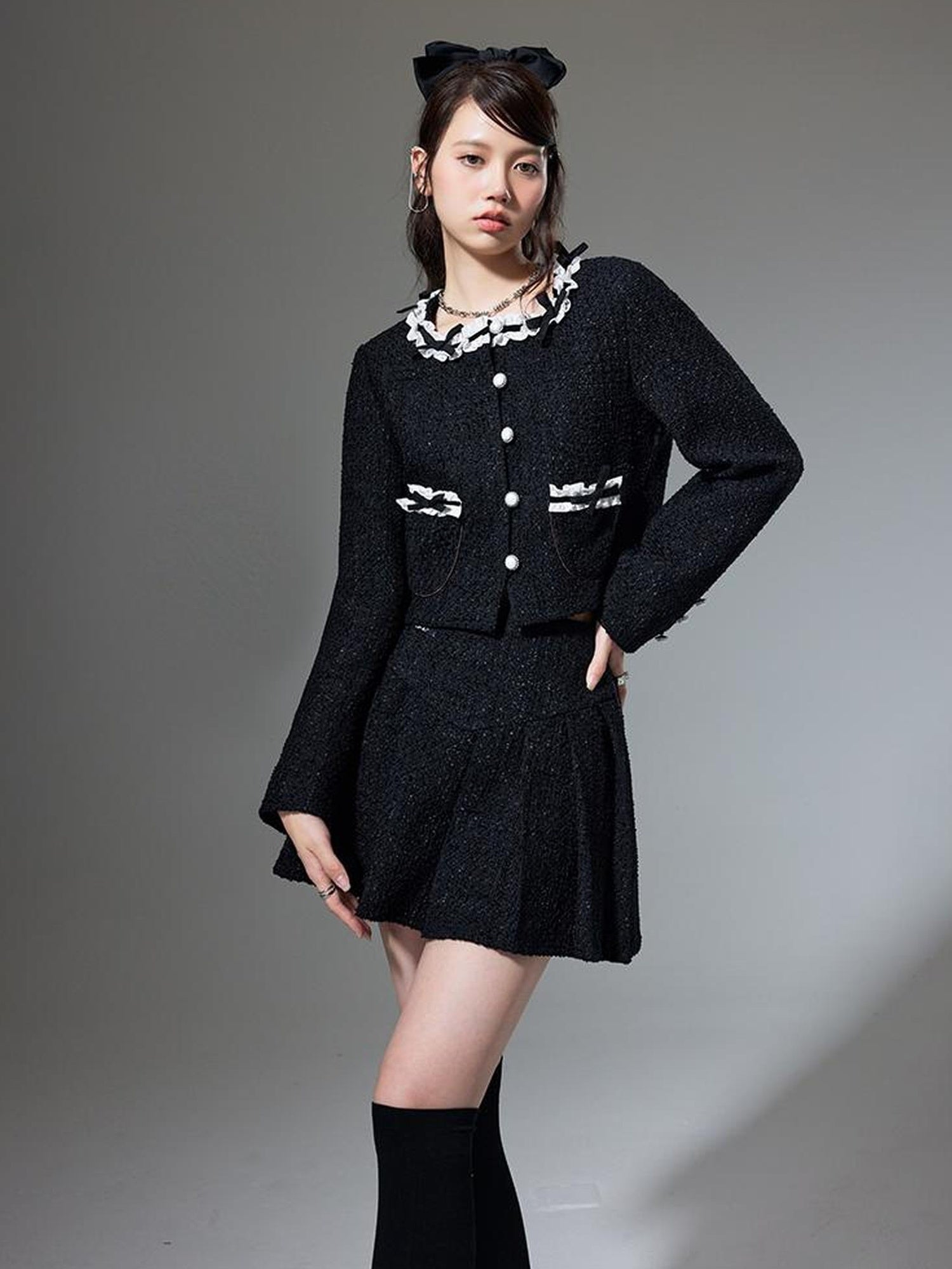 DIDDI MODA Bow Tie Chanel Style Knit Pleated Skirt Set