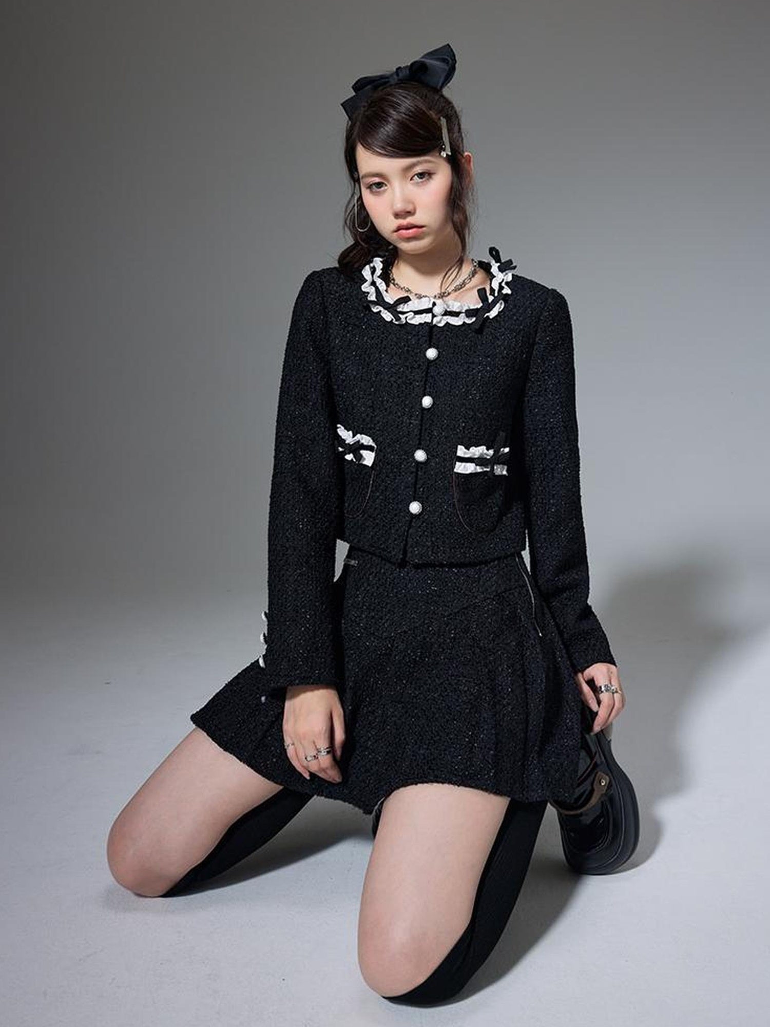 DIDDI MODA Bow Tie Chanel Style Knit Pleated Skirt Set