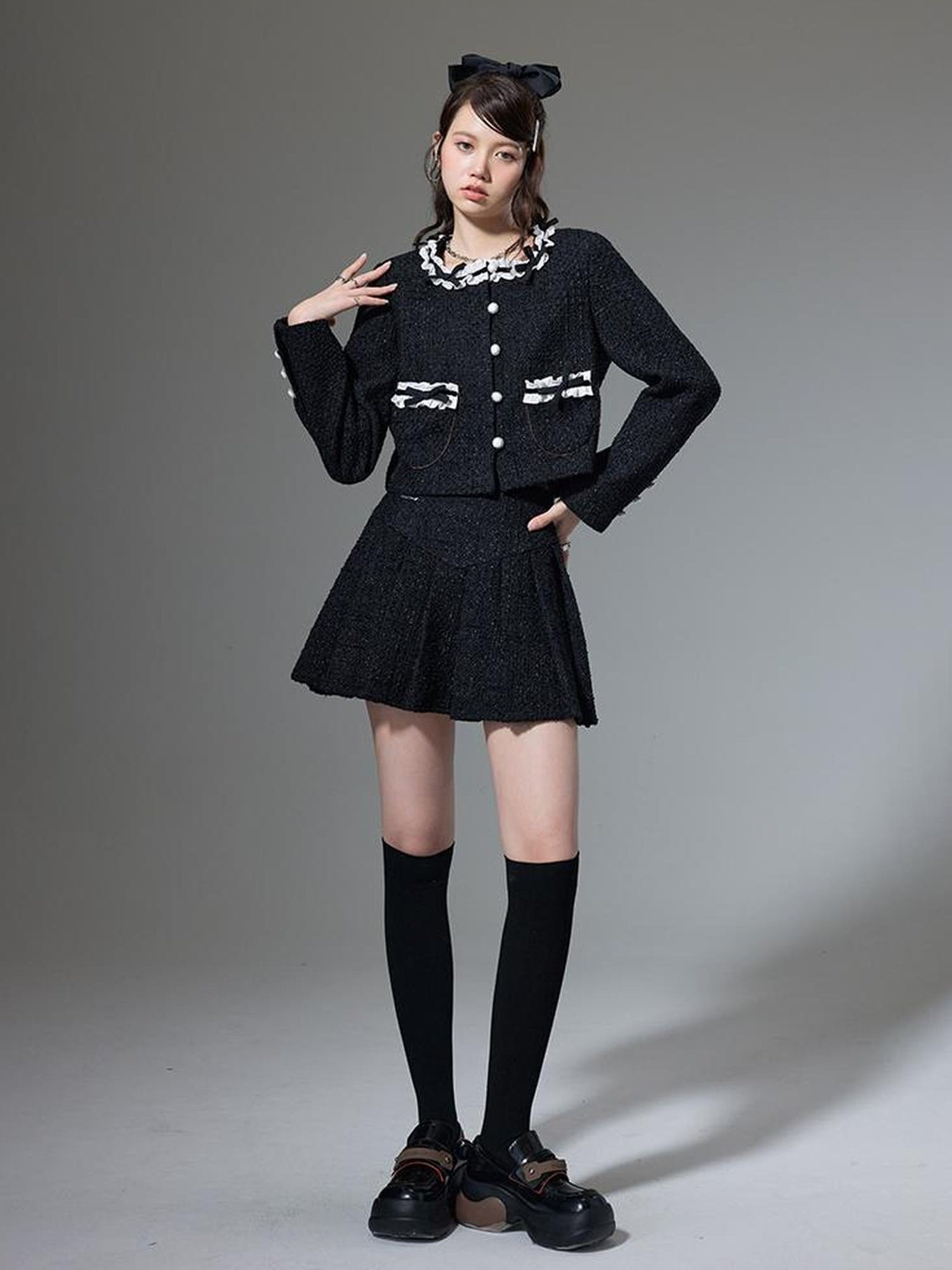 DIDDI MODA Bow Tie Chanel Style Knit Pleated Skirt Set