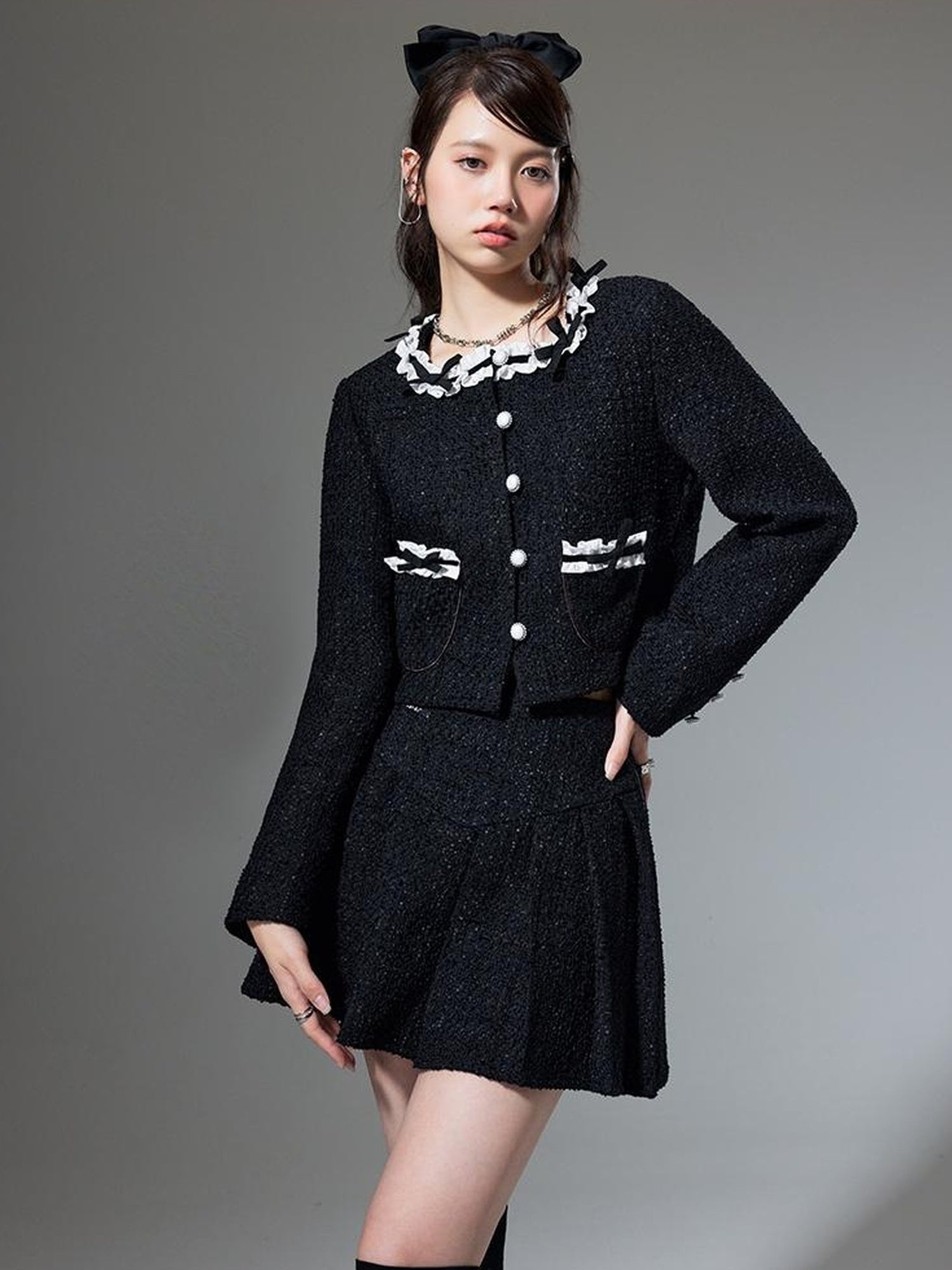 DIDDI MODA Bow Tie Chanel Style Knit Pleated Skirt Set