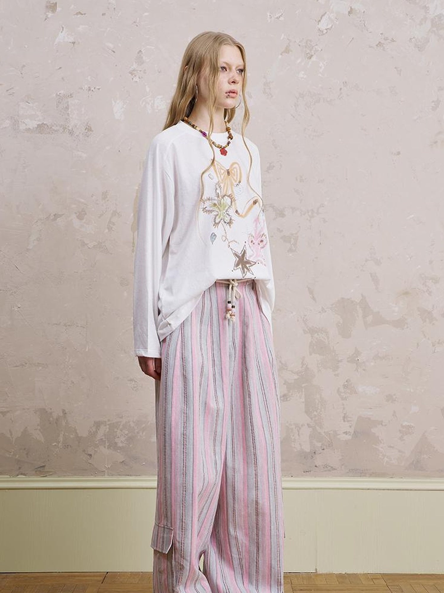 DIDDI MODA Breathable Striped Linen Feel Cotton Wide Leg Pants
