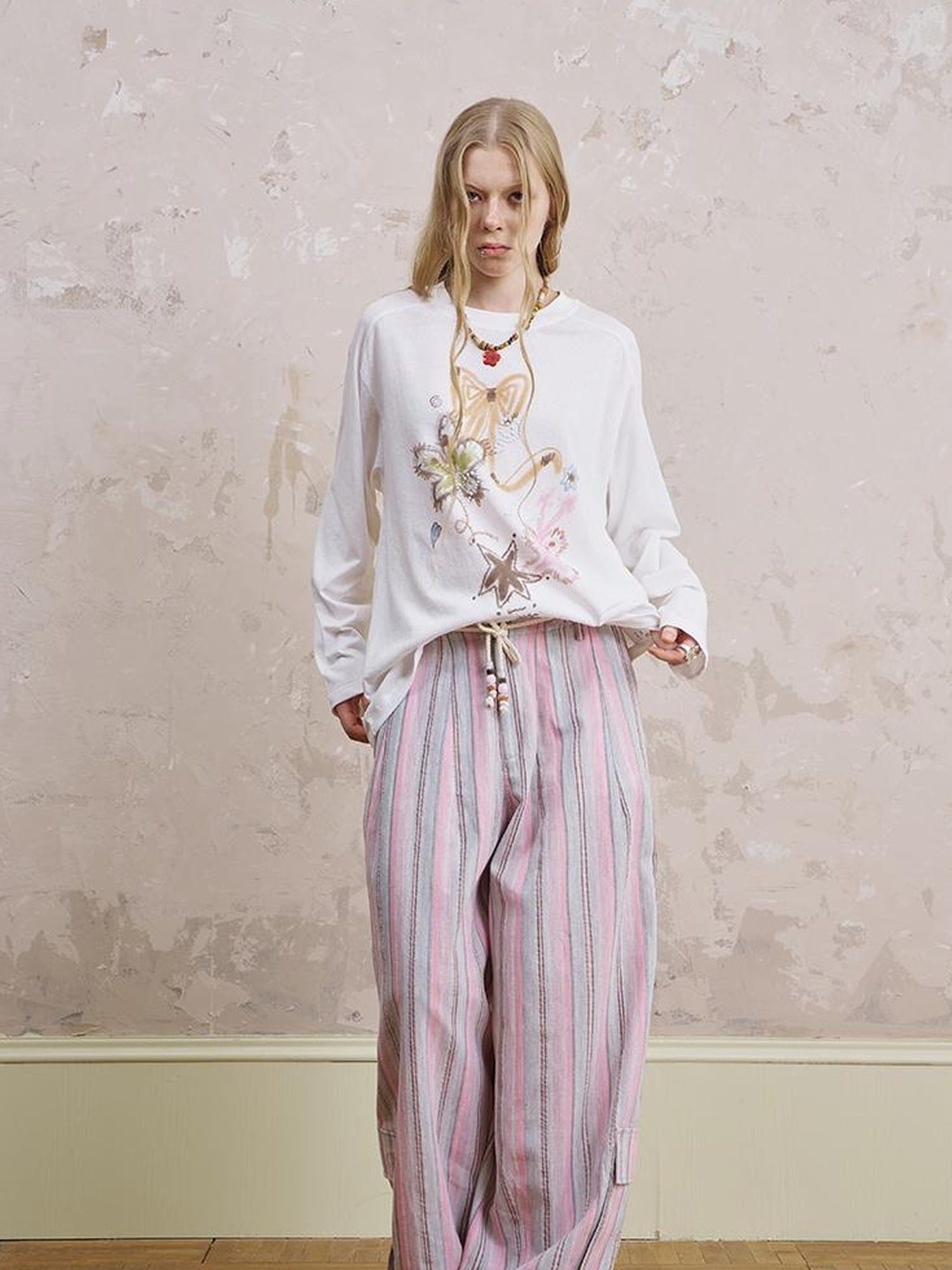 DIDDI MODA Breathable Striped Linen Feel Cotton Wide Leg Pants