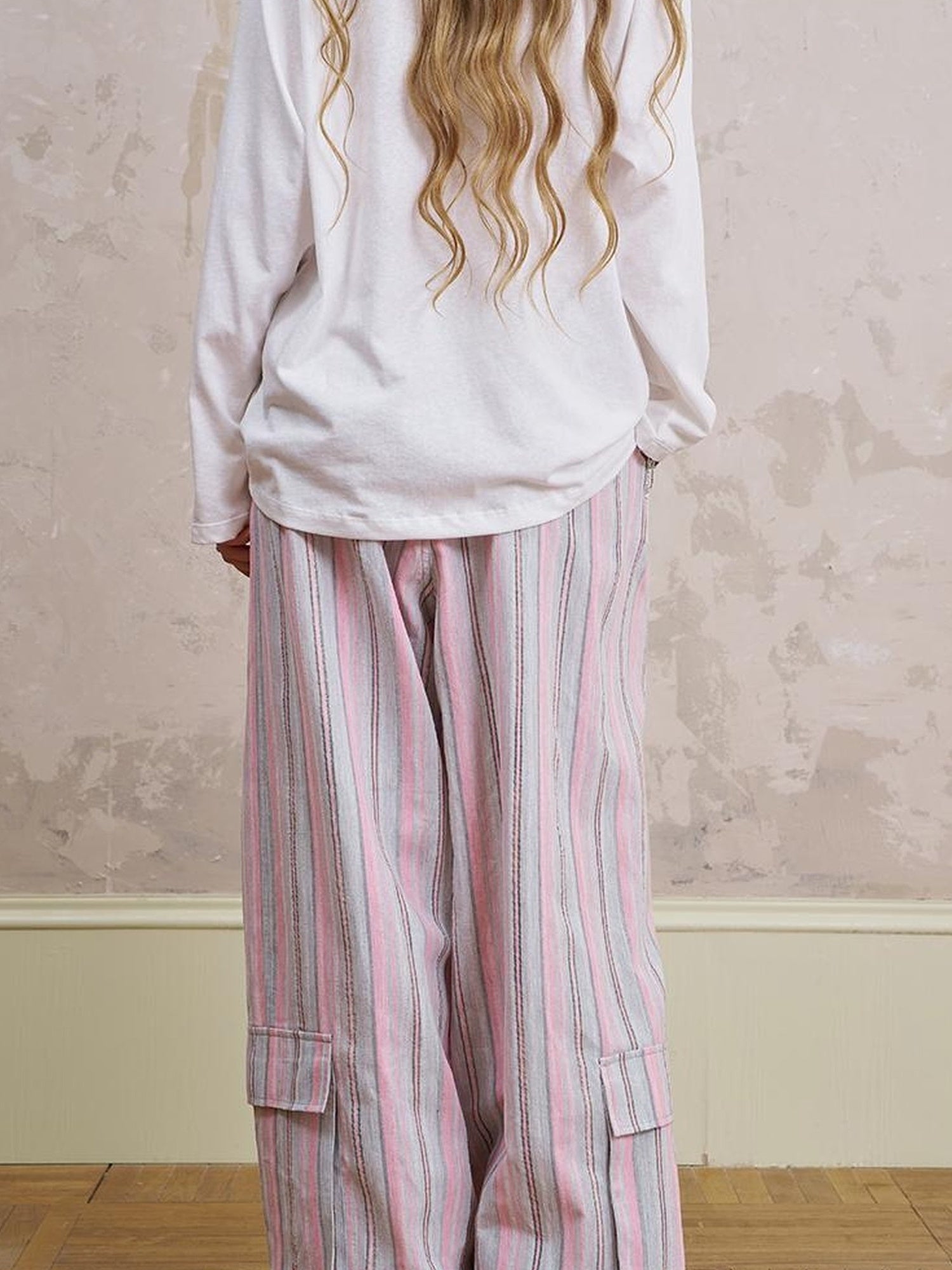 DIDDI MODA Breathable Striped Linen Feel Cotton Wide Leg Pants