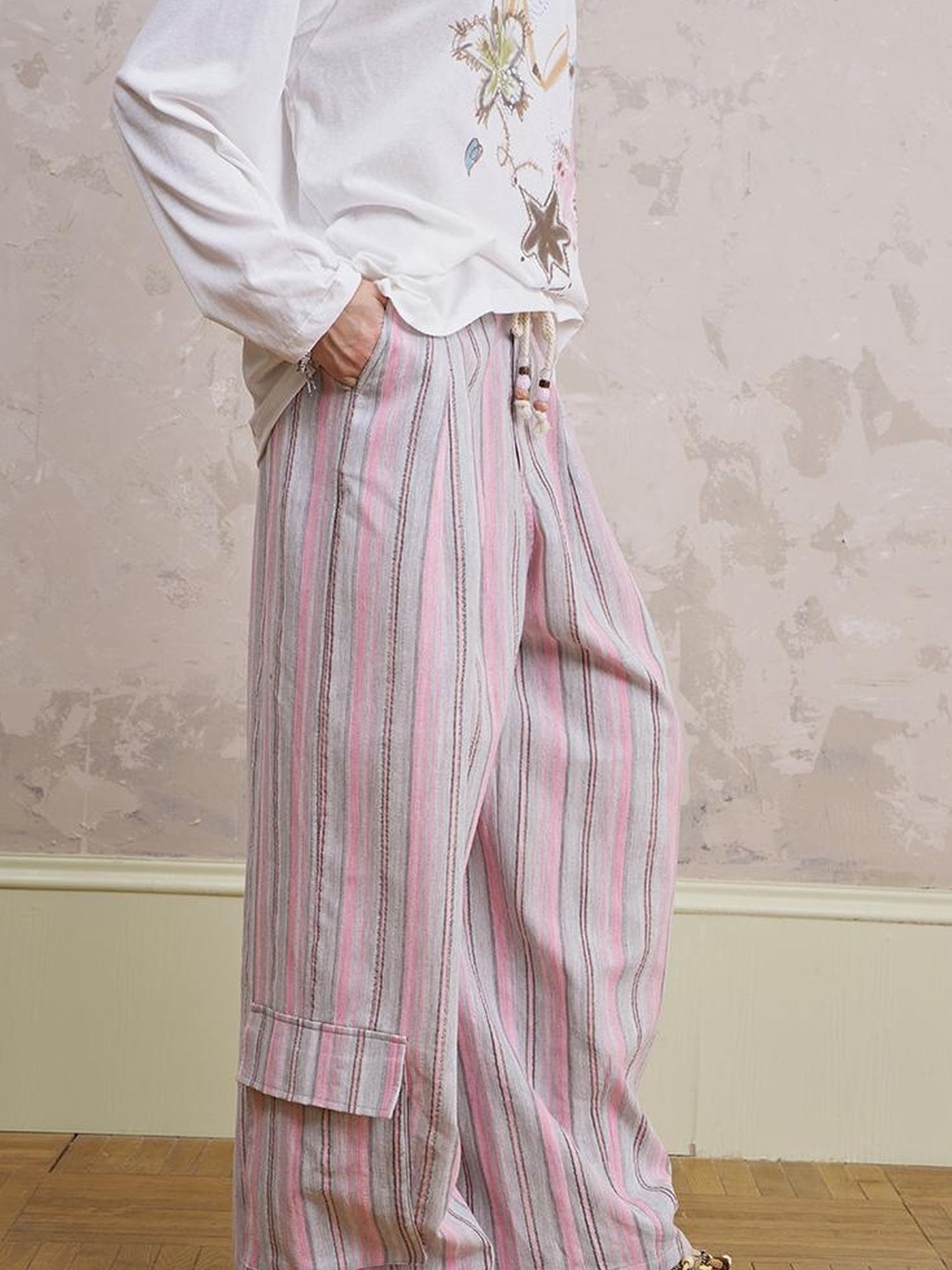 DIDDI MODA Breathable Striped Linen Feel Cotton Wide Leg Pants
