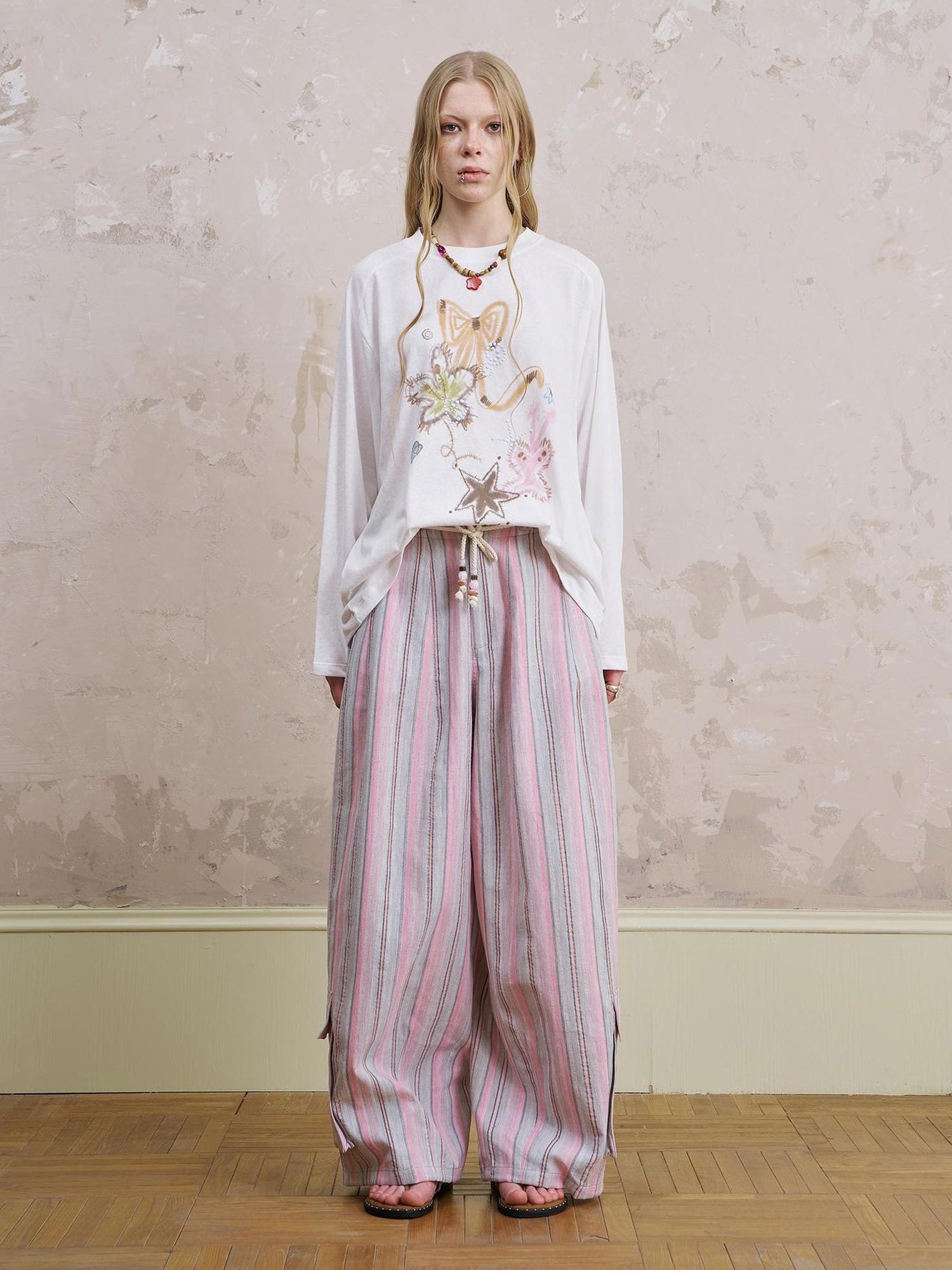 DIDDI MODA Breathable Striped Linen Feel Cotton Wide Leg Pants