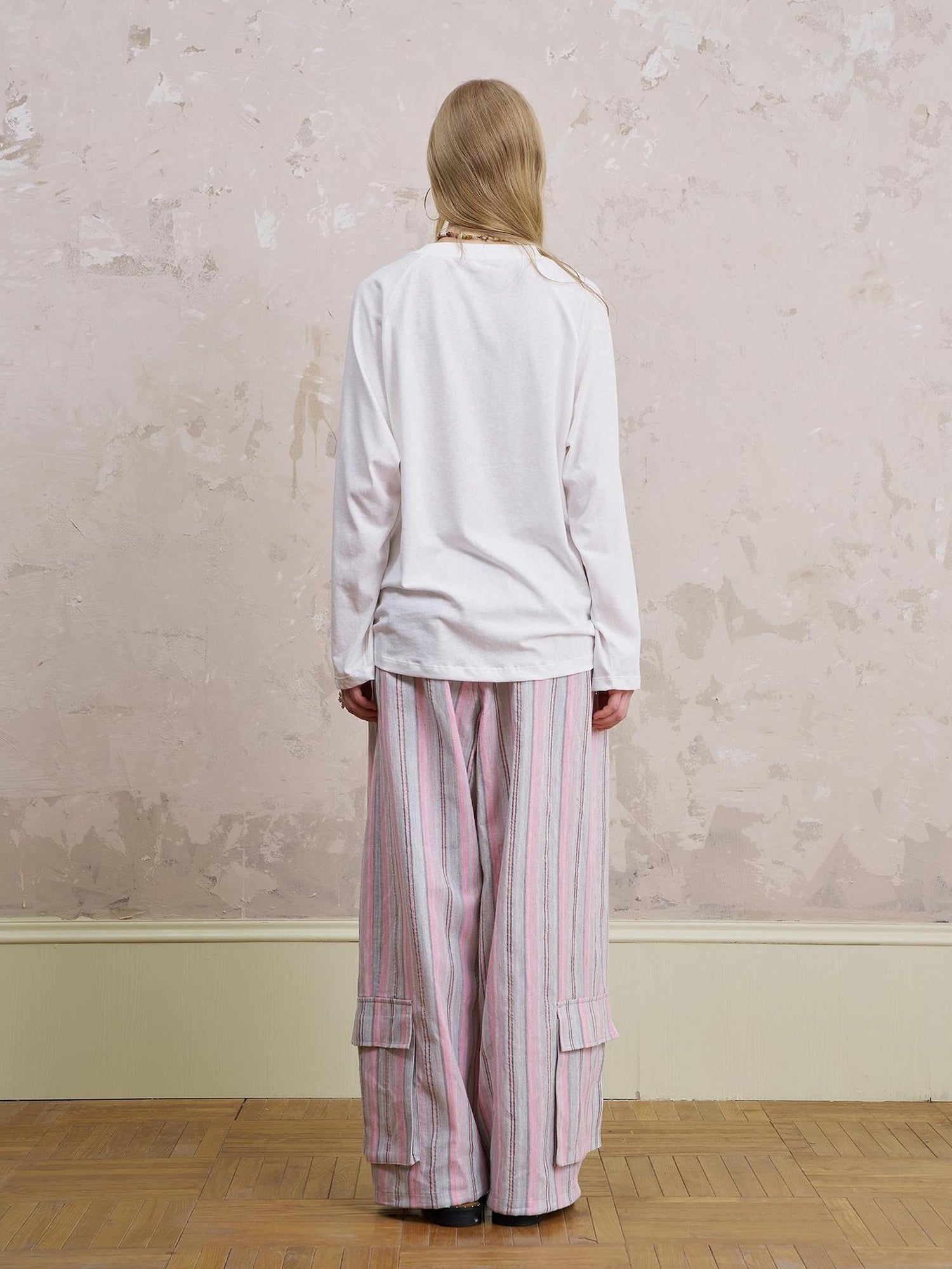 DIDDI MODA Breathable Striped Linen Feel Cotton Wide Leg Pants