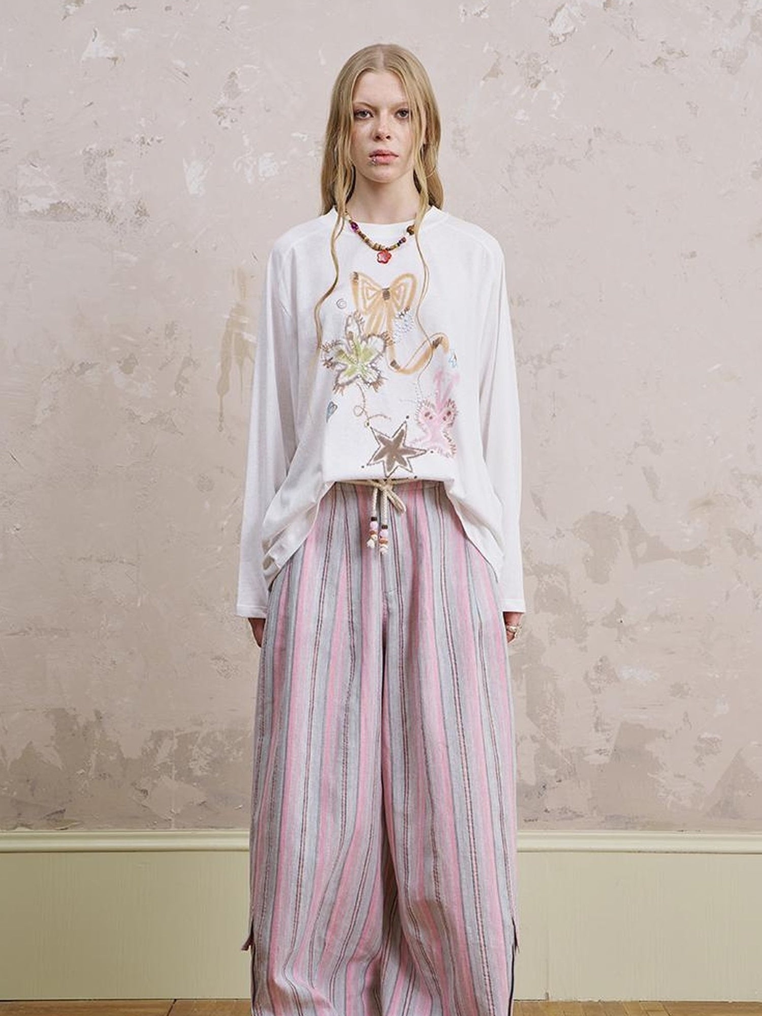 DIDDI MODA Breathable Striped Linen Feel Cotton Wide Leg Pants