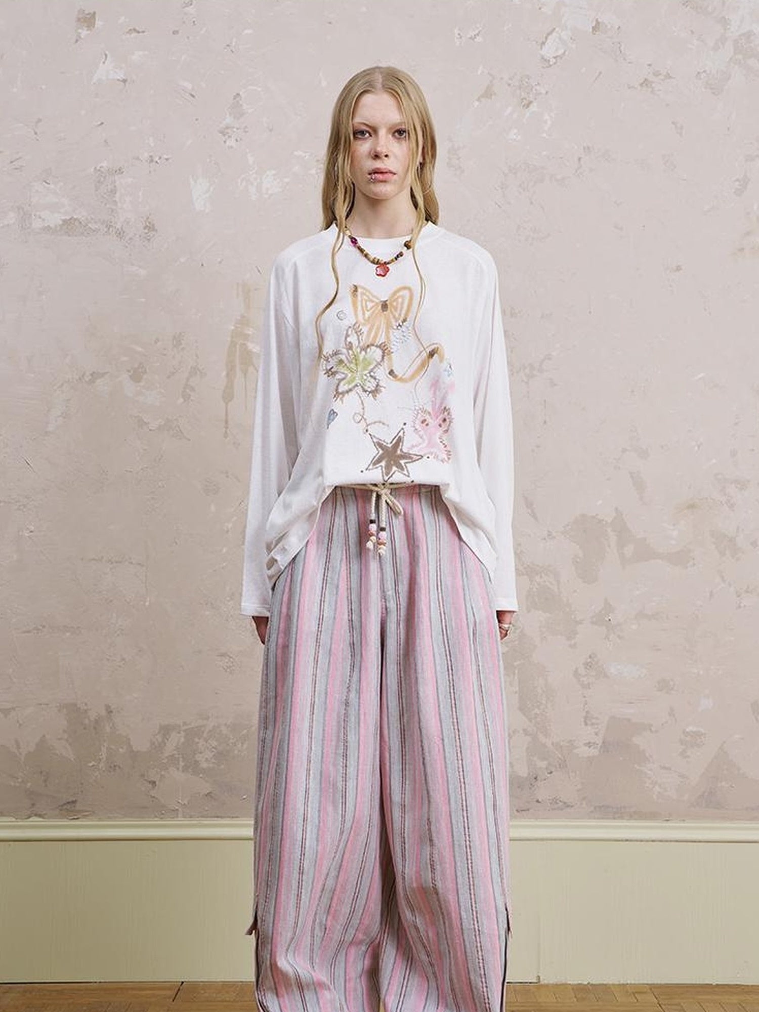 DIDDI MODA Breathable Striped Linen Feel Cotton Wide Leg Pants