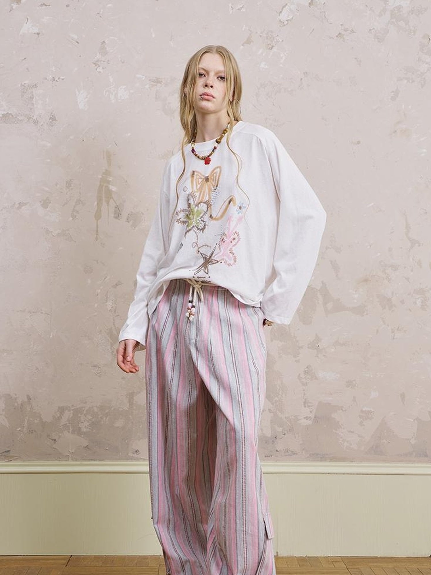 DIDDI MODA Breathable Striped Linen Feel Cotton Wide Leg Pants