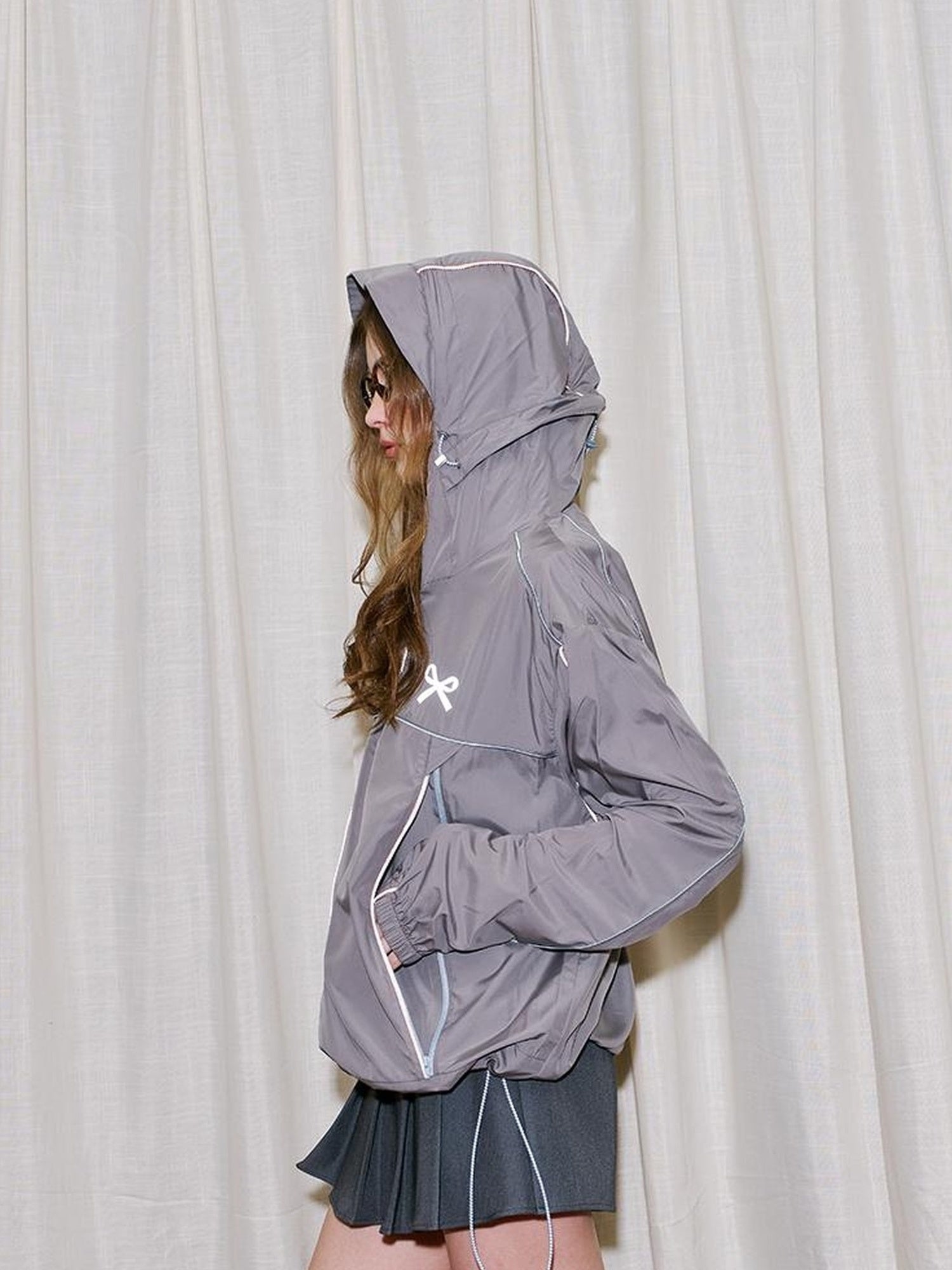 DIDDI MODA Breathable UV Proof Colorblock Hooded Jacket With Bow