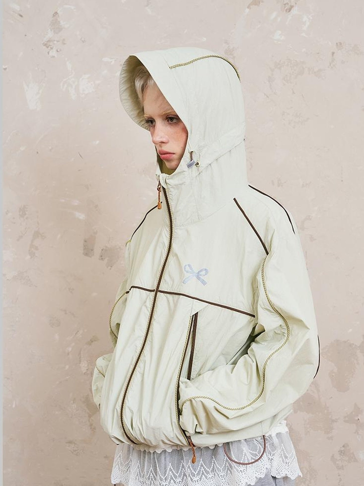 DIDDI MODA Breathable UV Proof Colorblock Hooded Jacket With Bow