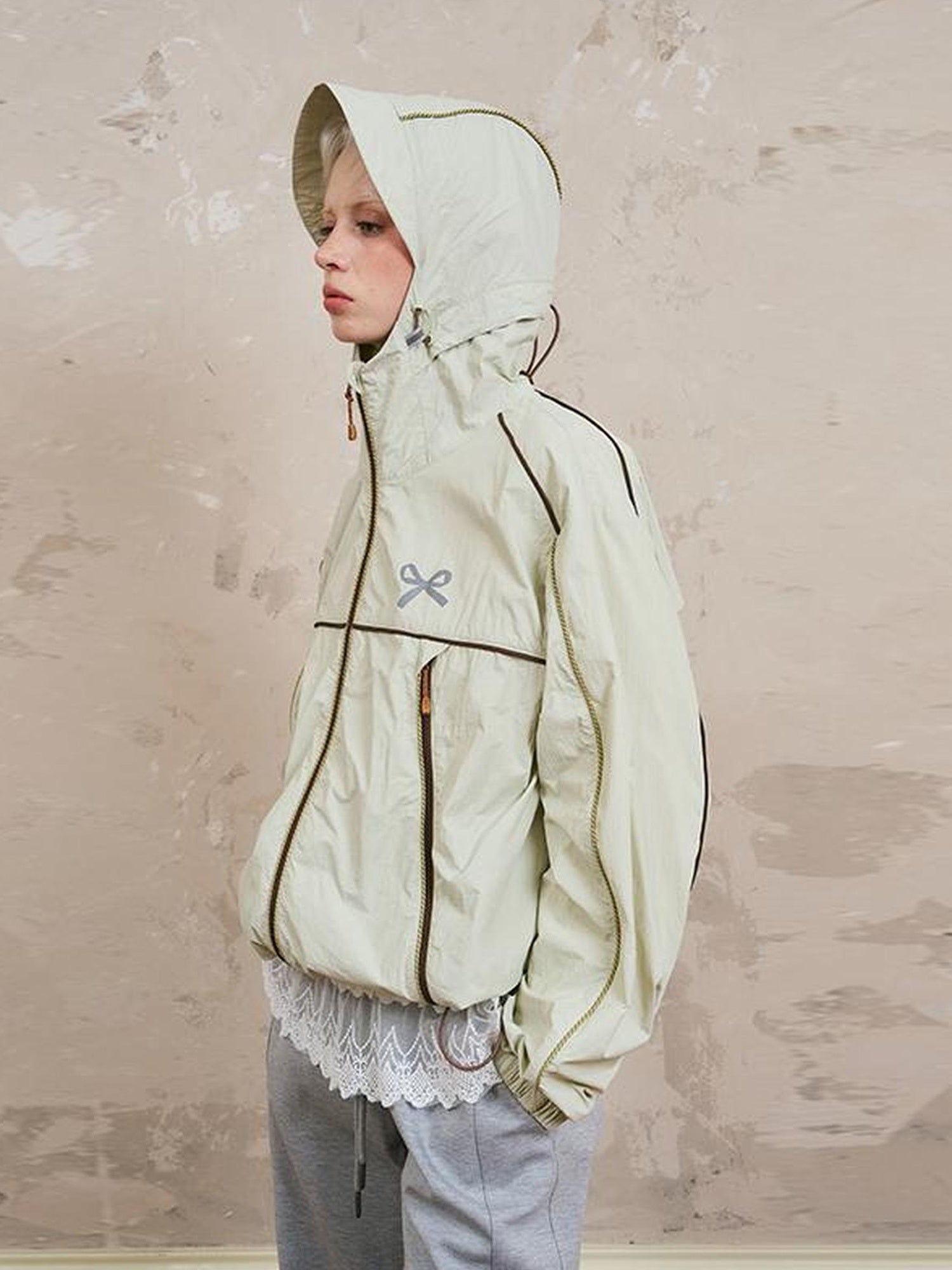 DIDDI MODA Breathable UV Proof Colorblock Hooded Jacket With Bow