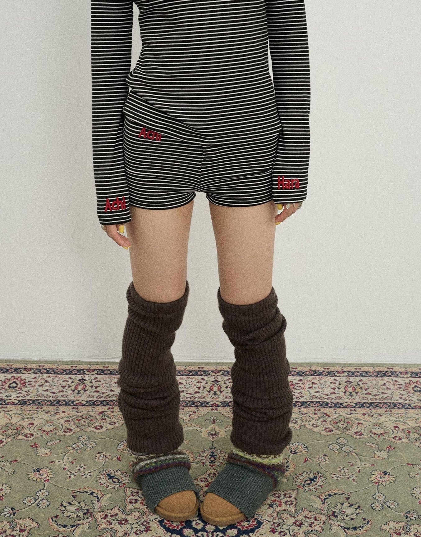 Achihara Breton Raspberry Elastic Waist Striped Shorts