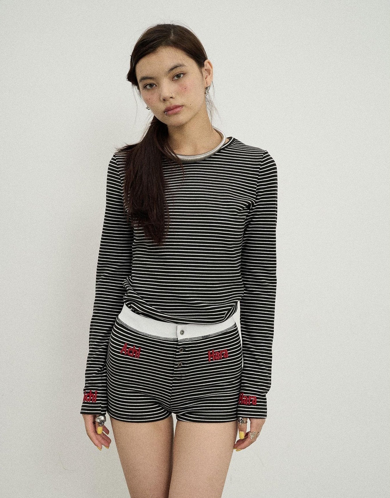 Achihara Breton Raspberry Elastic Waist Striped Shorts