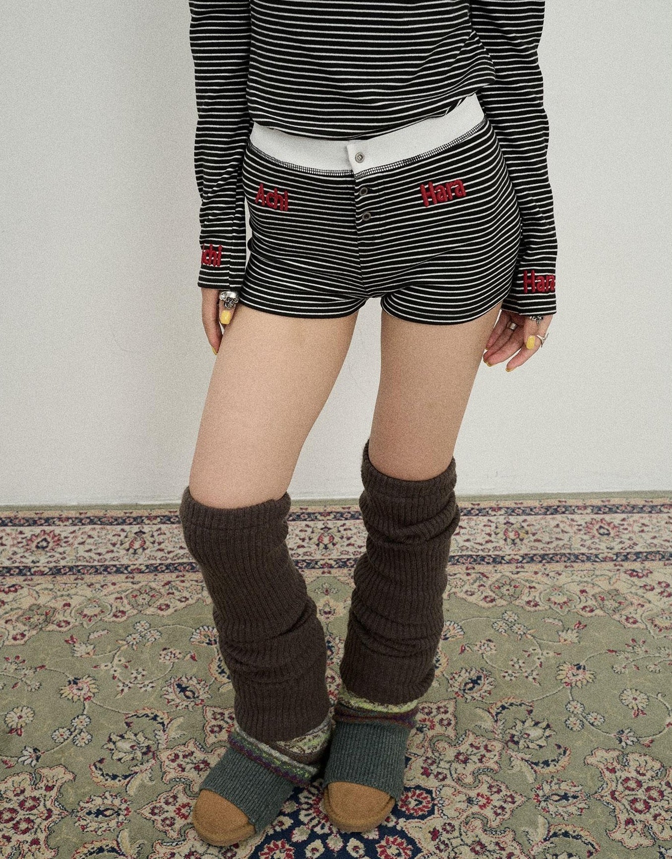 Achihara Breton Raspberry Elastic Waist Striped Shorts