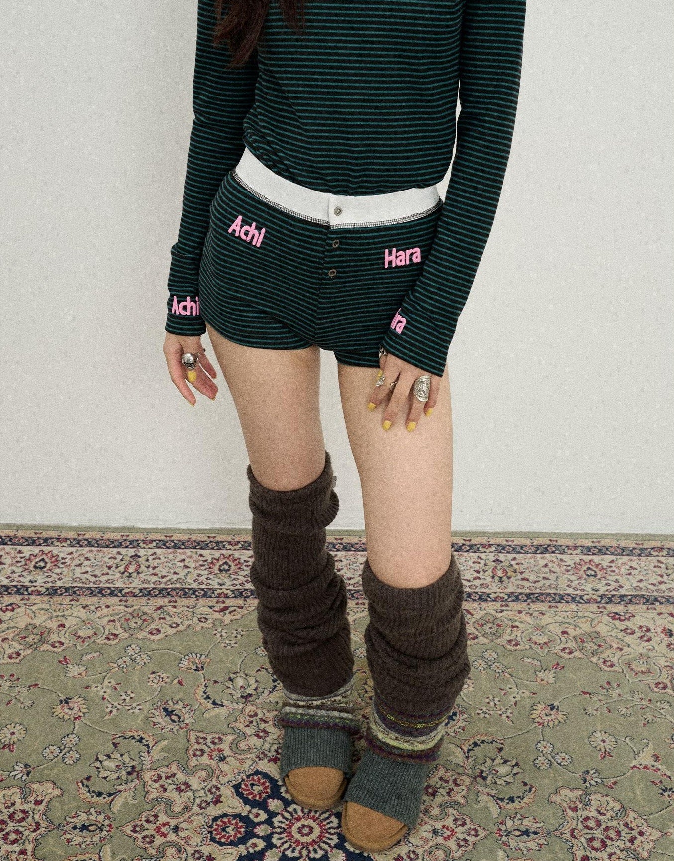 Achihara Breton Raspberry Elastic Waist Striped Shorts