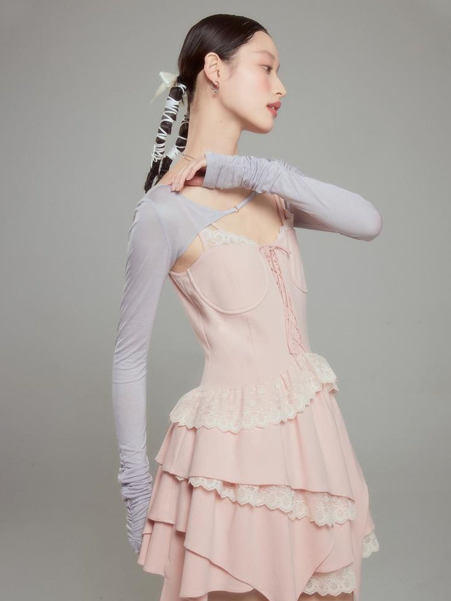 DIDDI MODA Broken Lace Ballet Slip Dress Knit Crop Bolero