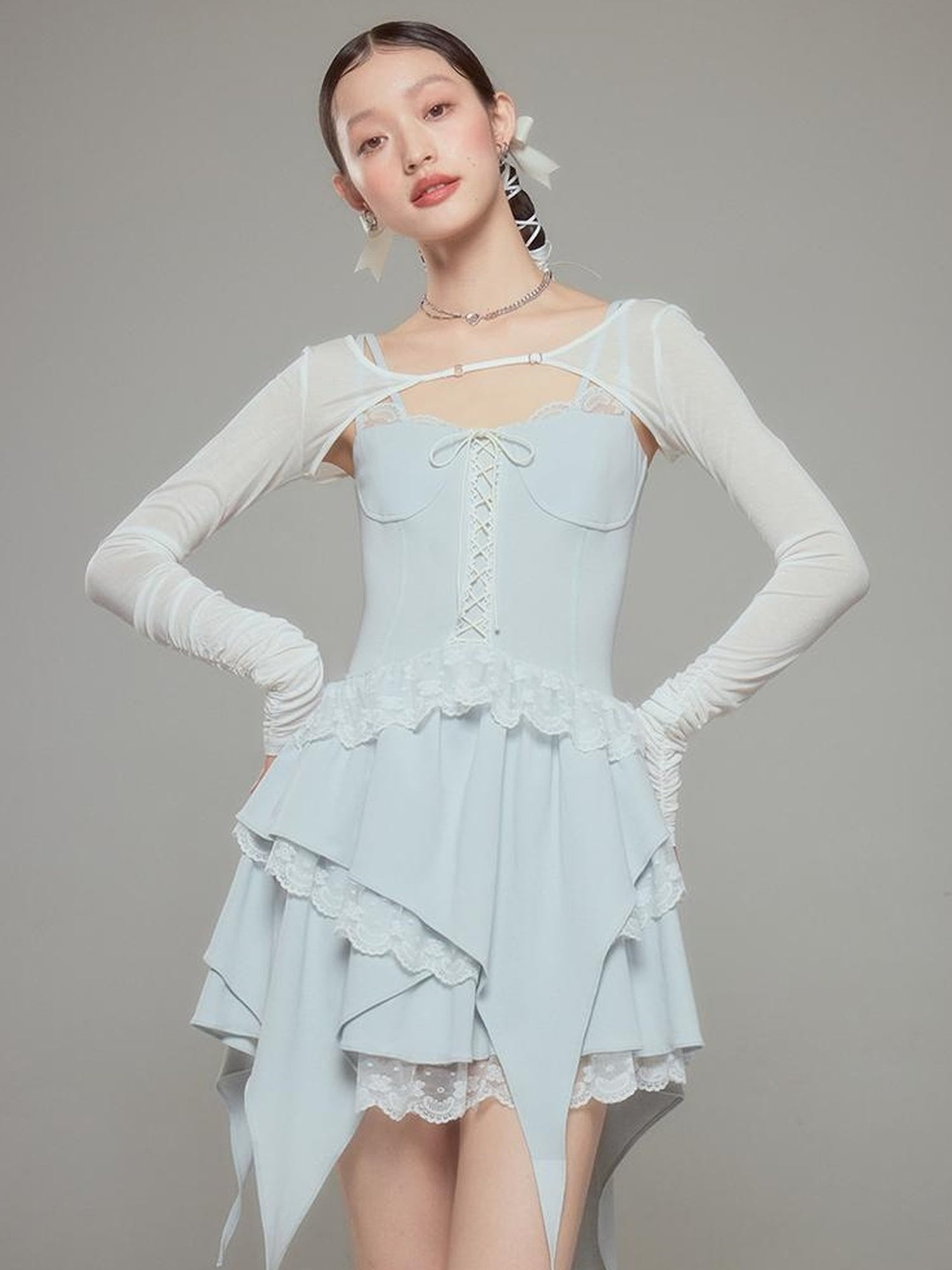 DIDDI MODA Broken Lace Ballet Slip Dress Knit Crop Bolero