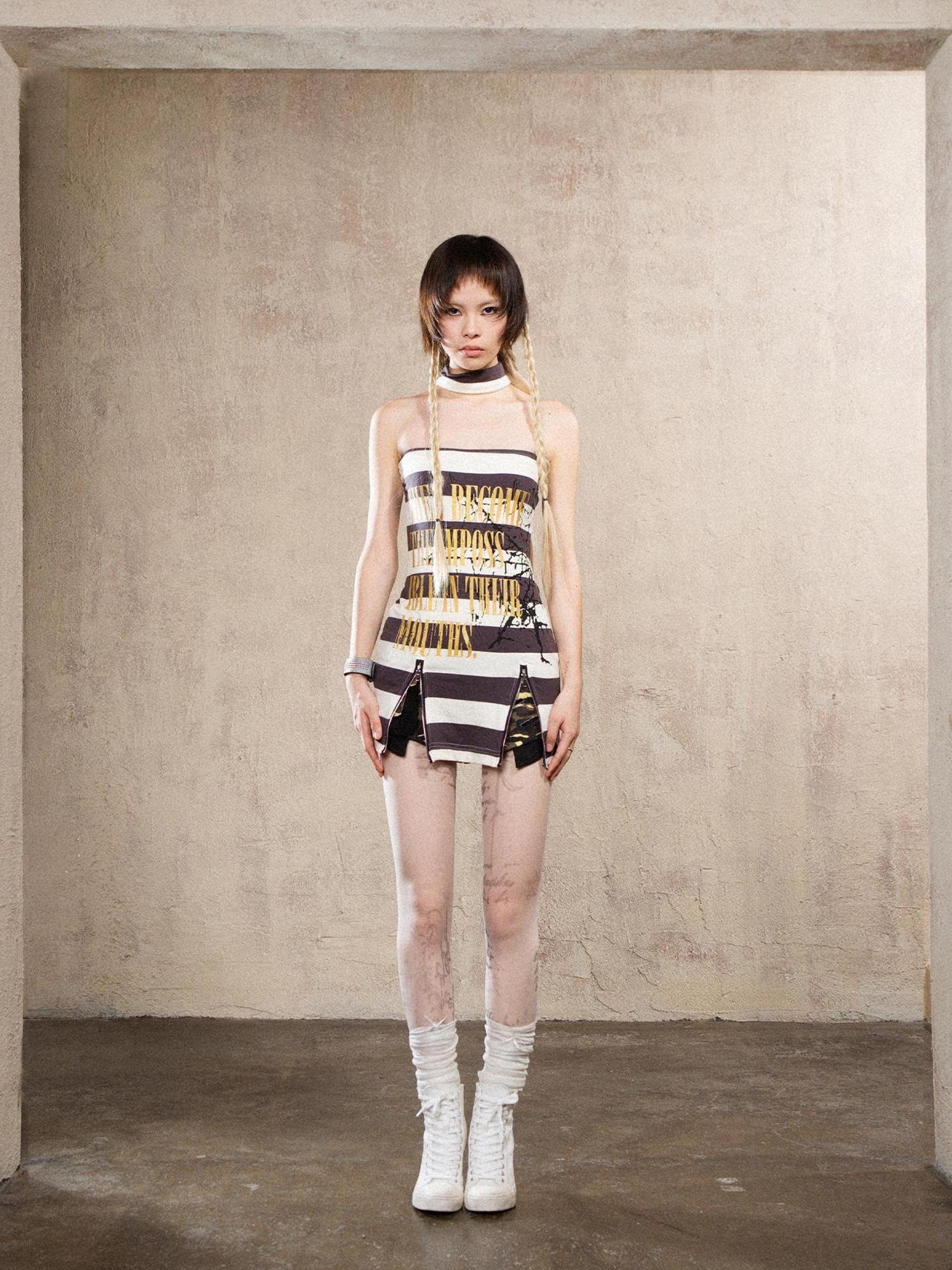 ARIADNAw Bronze Slim Striped Punk Mini Dress