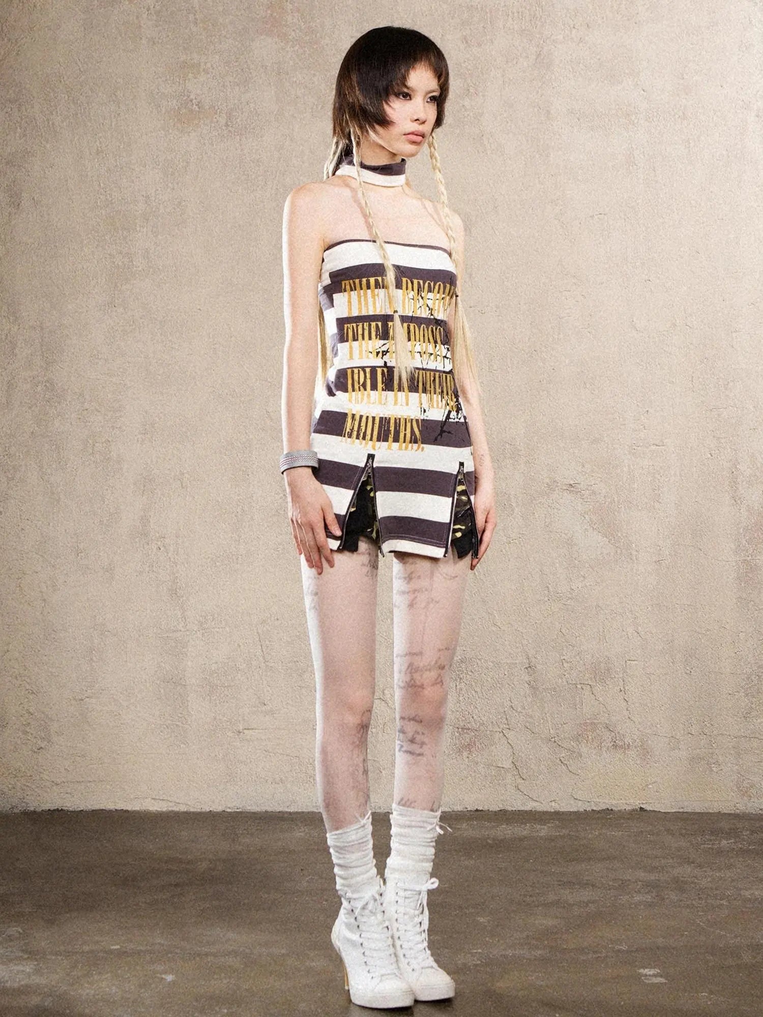 Bronze Slim Striped Punk Mini Dress