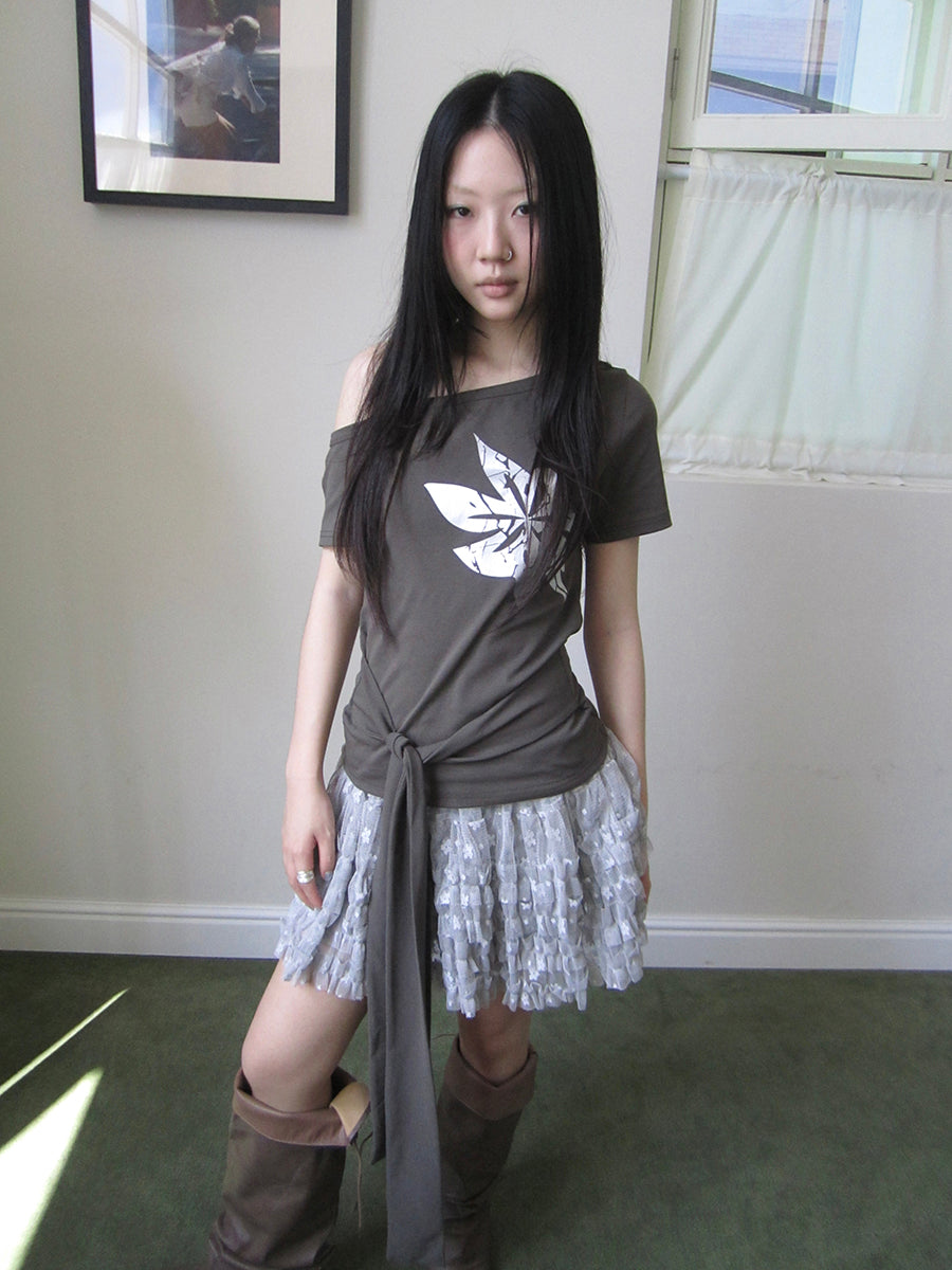 Updateang project Vintage Asymmetric Print Waist Tie Stretch Tee